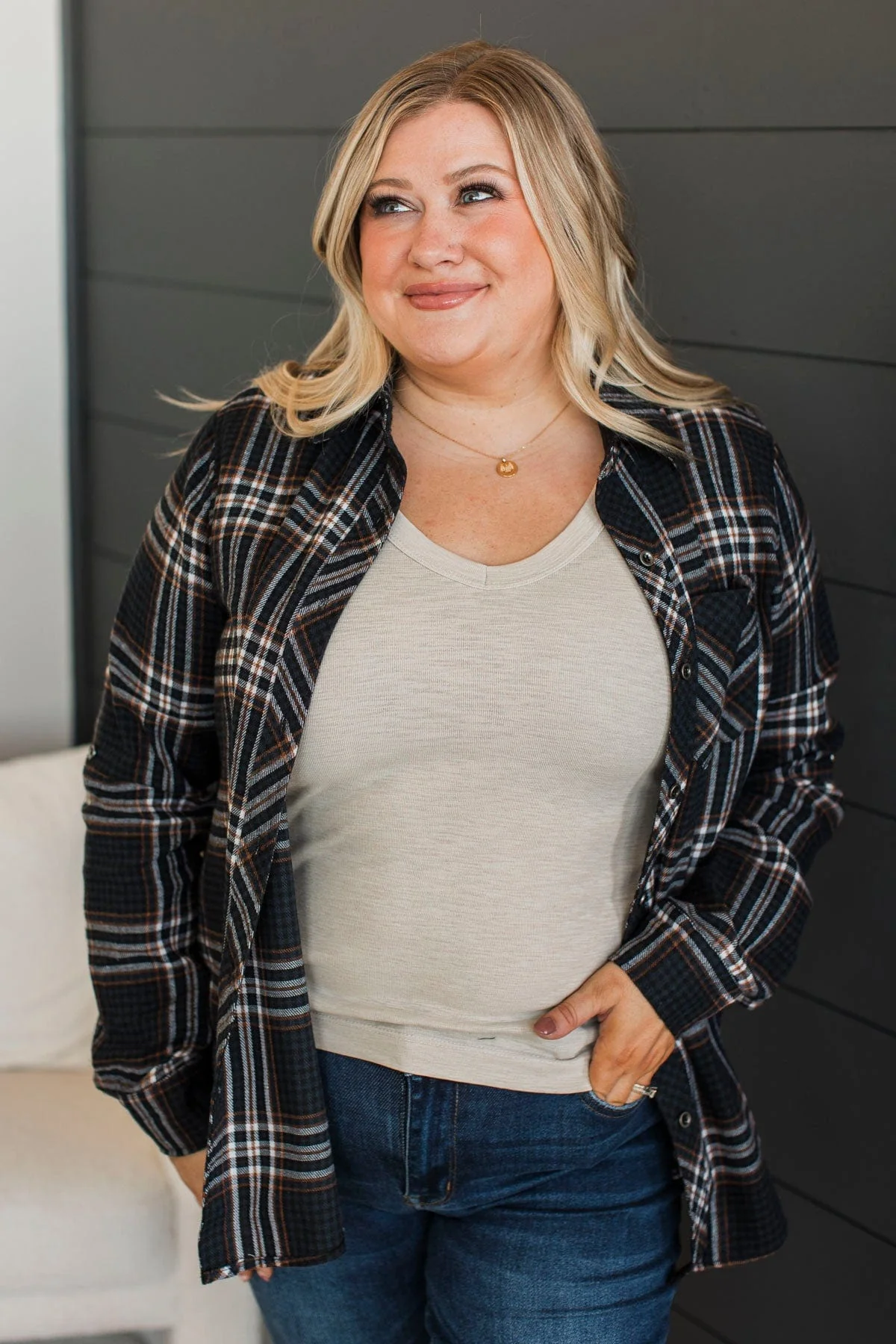 On An Expedition Plaid Button Top- Navy - Image 4