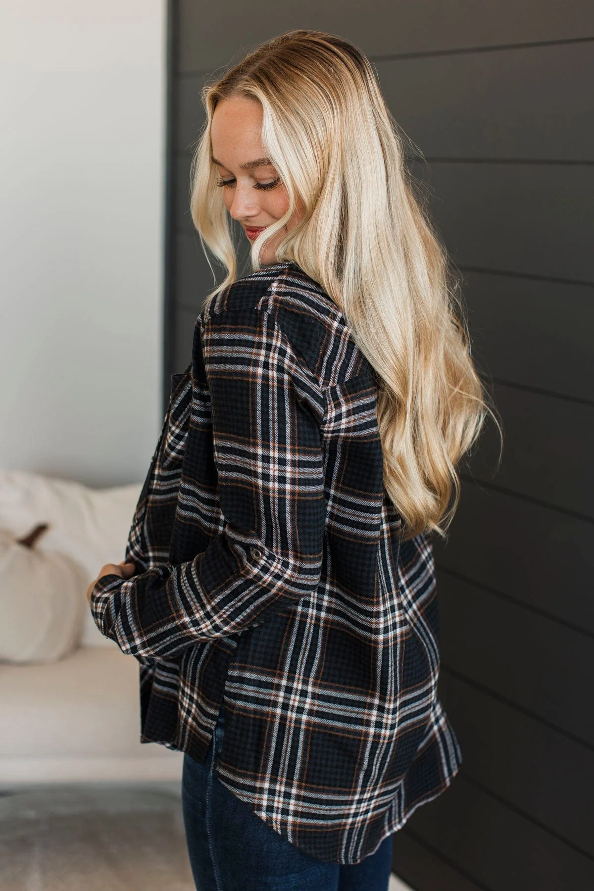 On An Expedition Plaid Button Top- Navy - Image 5