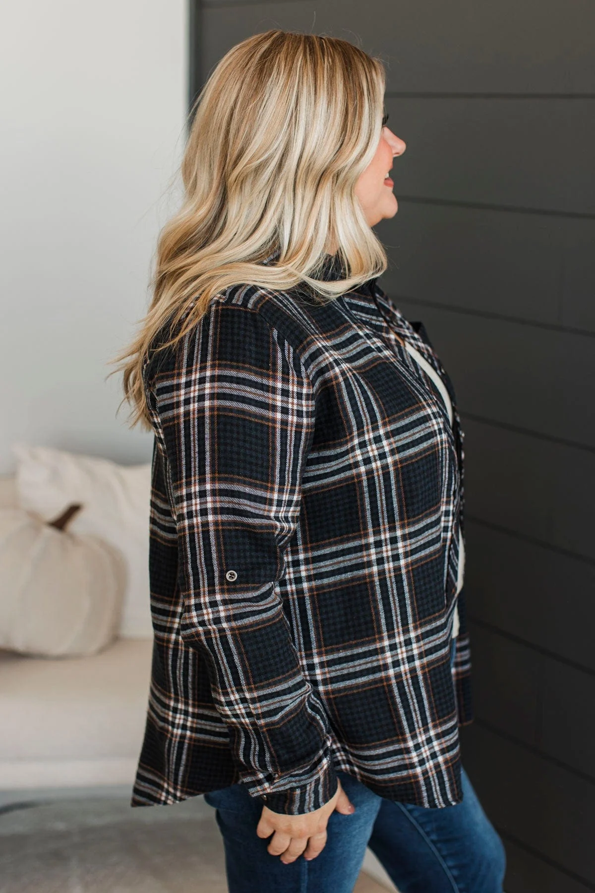 On An Expedition Plaid Button Top- Navy - Image 6