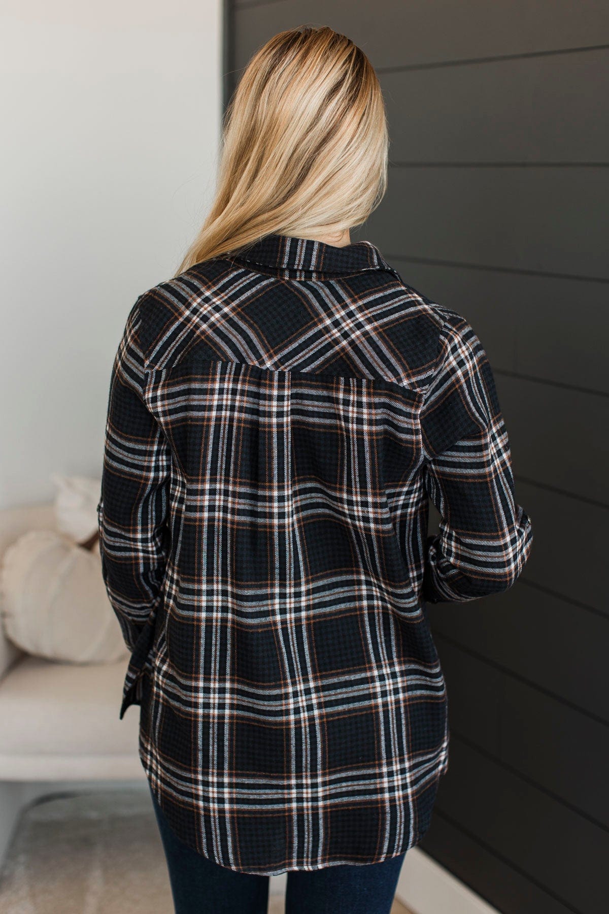 On An Expedition Plaid Button Top- Navy - Image 7