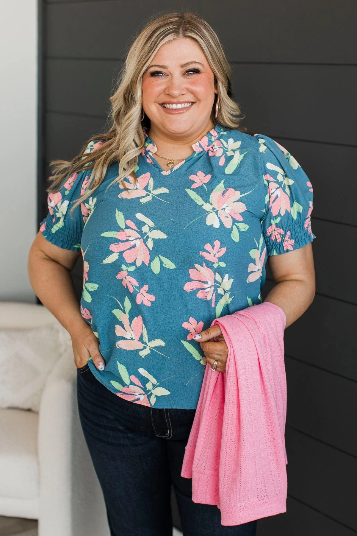 On My Agenda Floral Blouse- Denim - Image 3