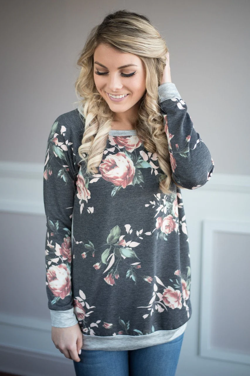 On My Level Floral Top ~ Charcoal