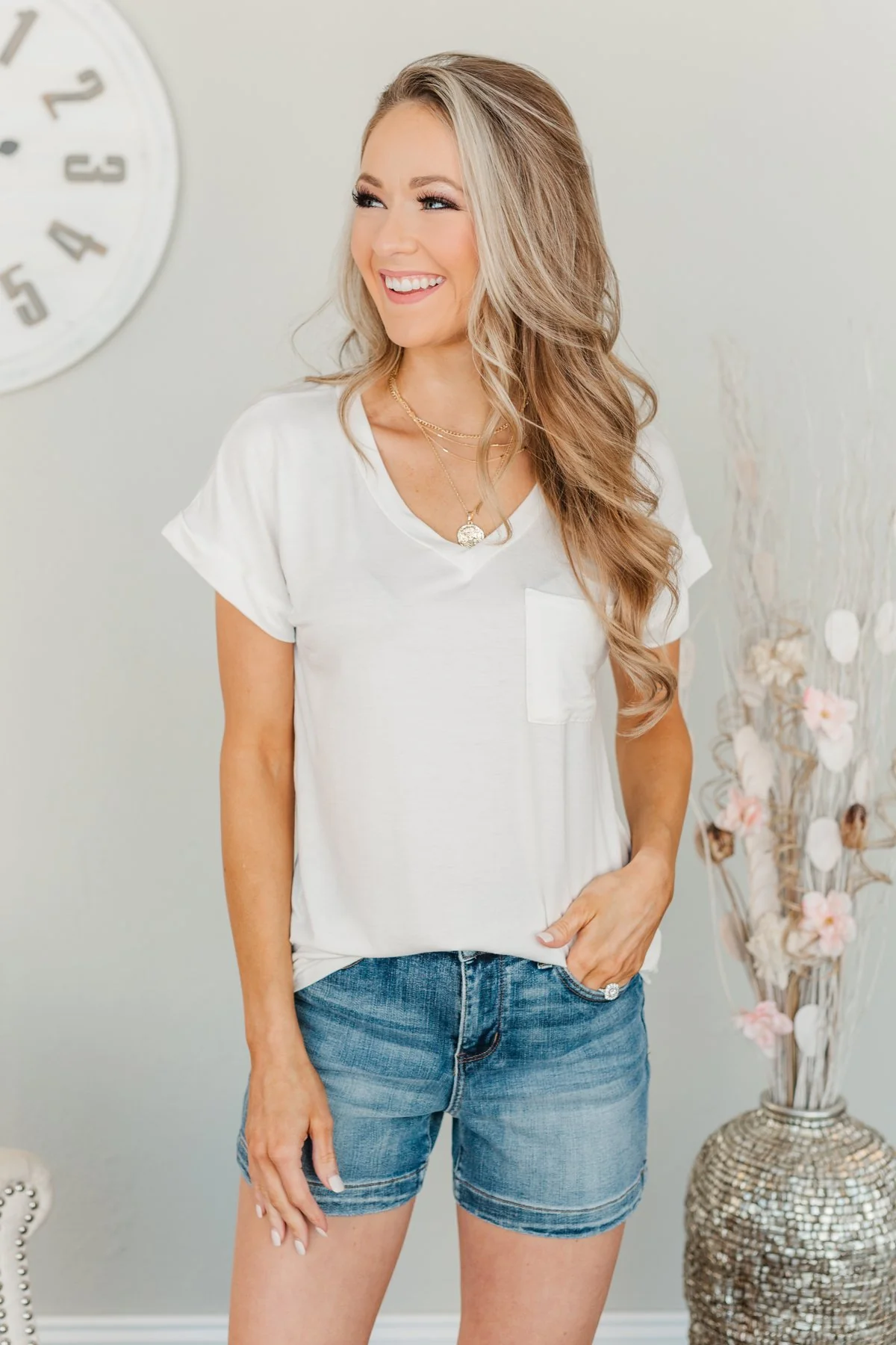 On My Own V-Neck Pocket Top- Off-White - Image 5