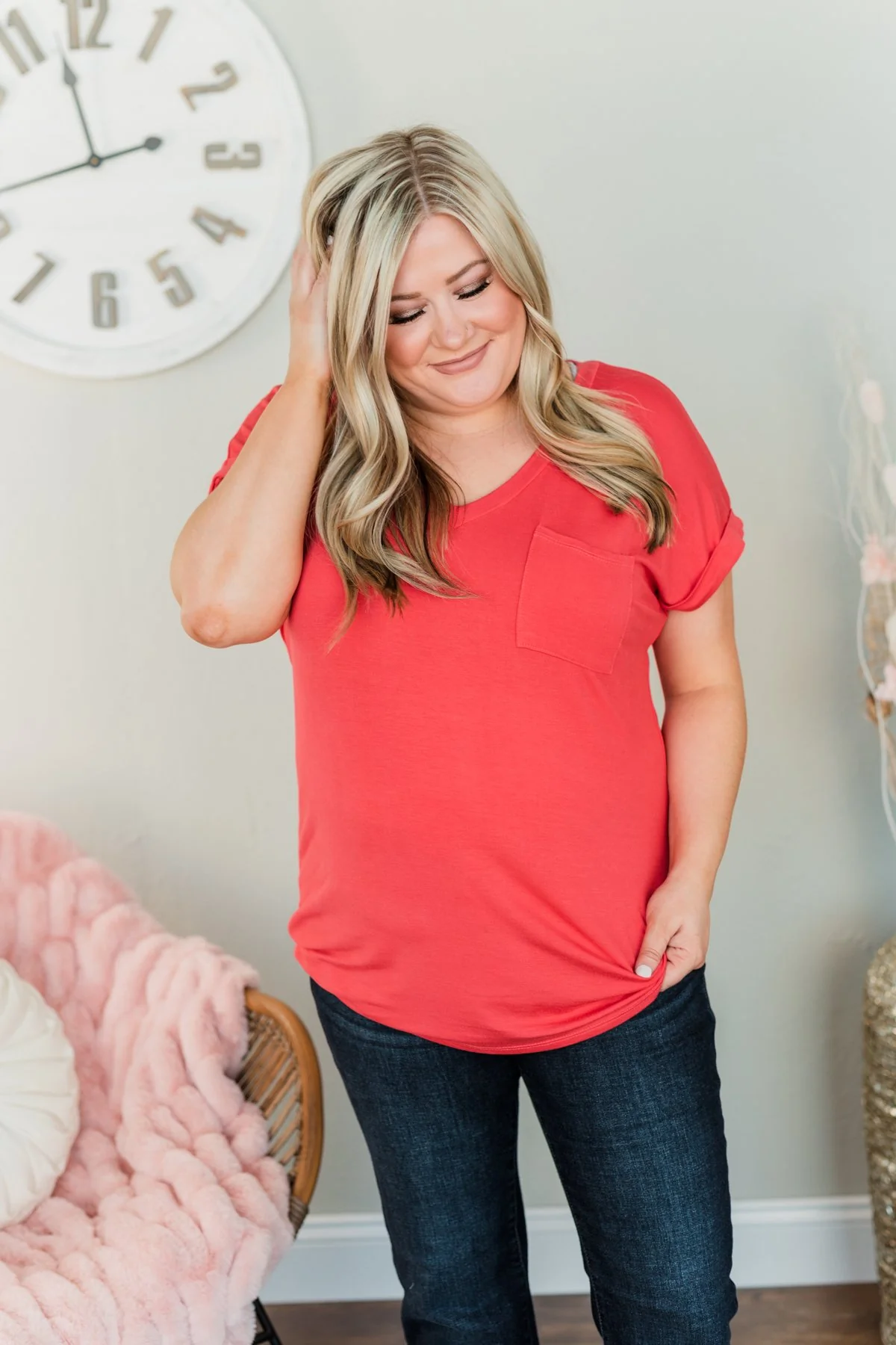 On My Own V-Neck Pocket Top- Punch Pink - Image 3