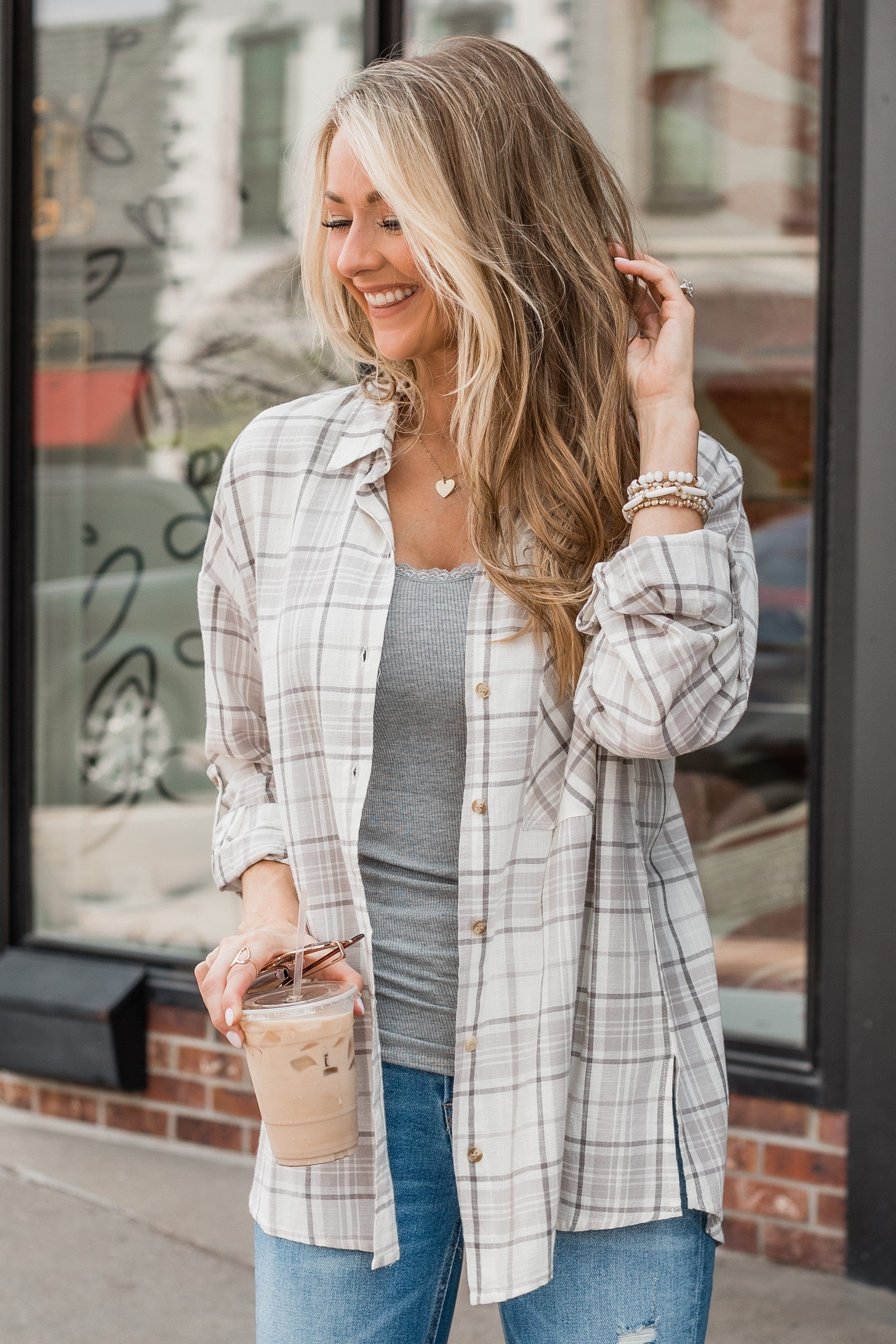 On My Way Button Plaid Top- Beige & Ivory