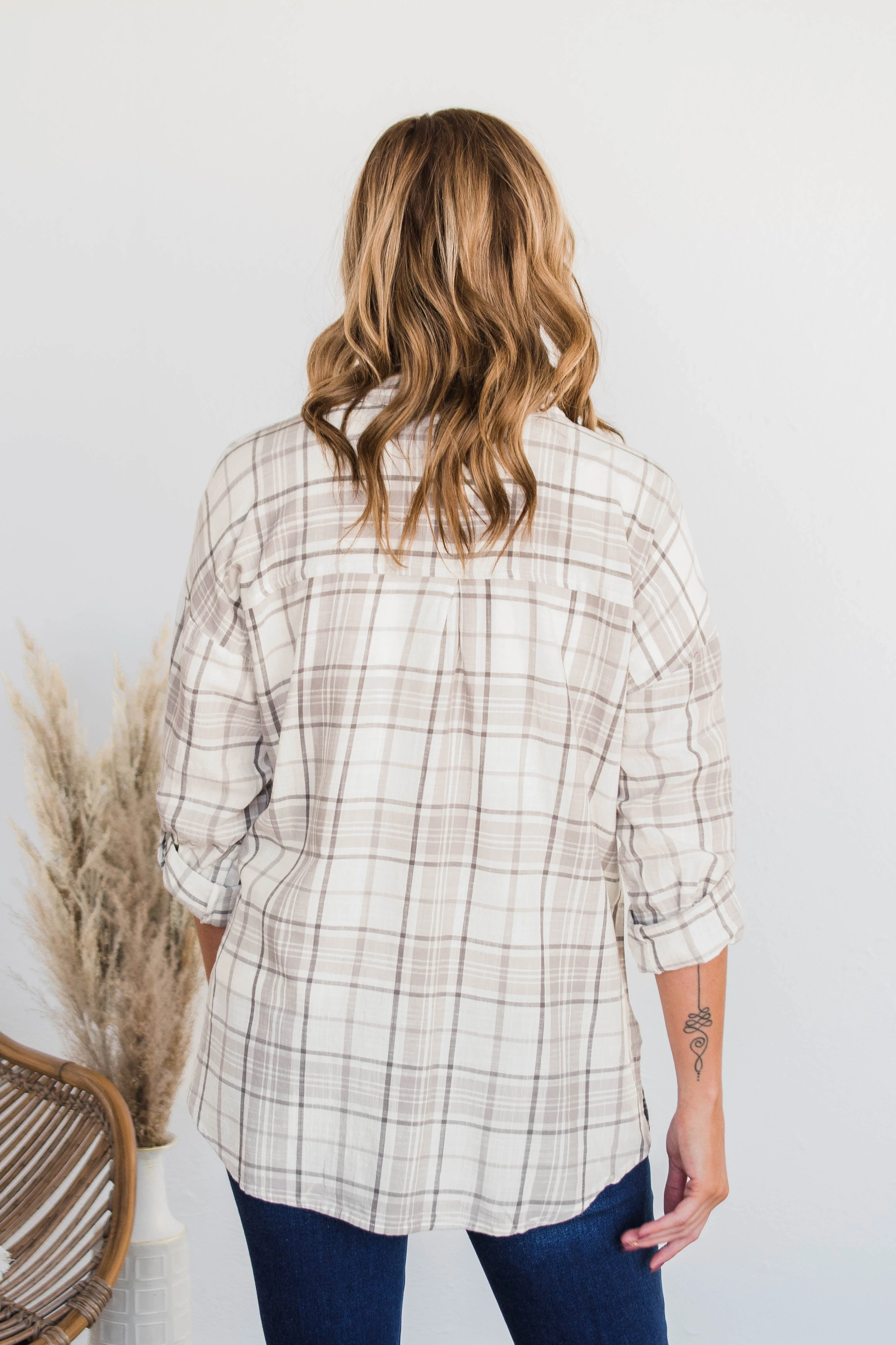 On My Way Button Plaid Top- Beige & Ivory - Image 10