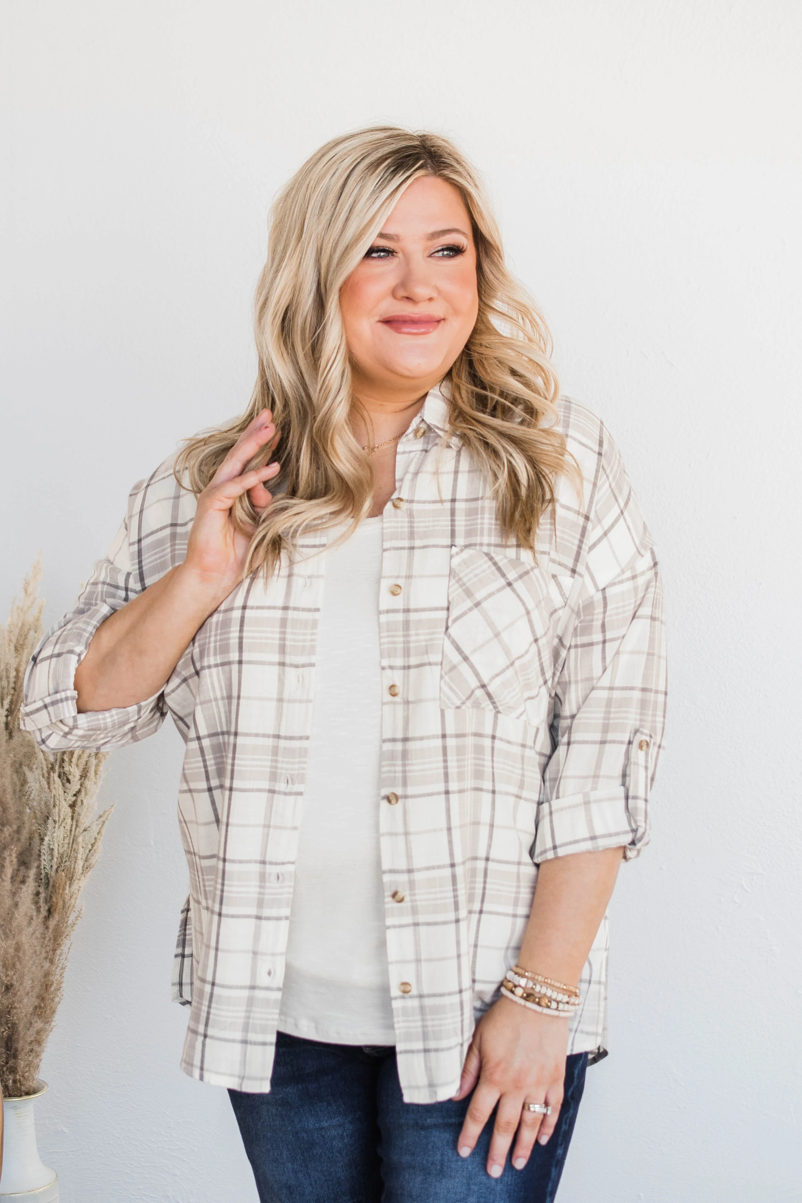 On My Way Button Plaid Top- Beige & Ivory - Image 3