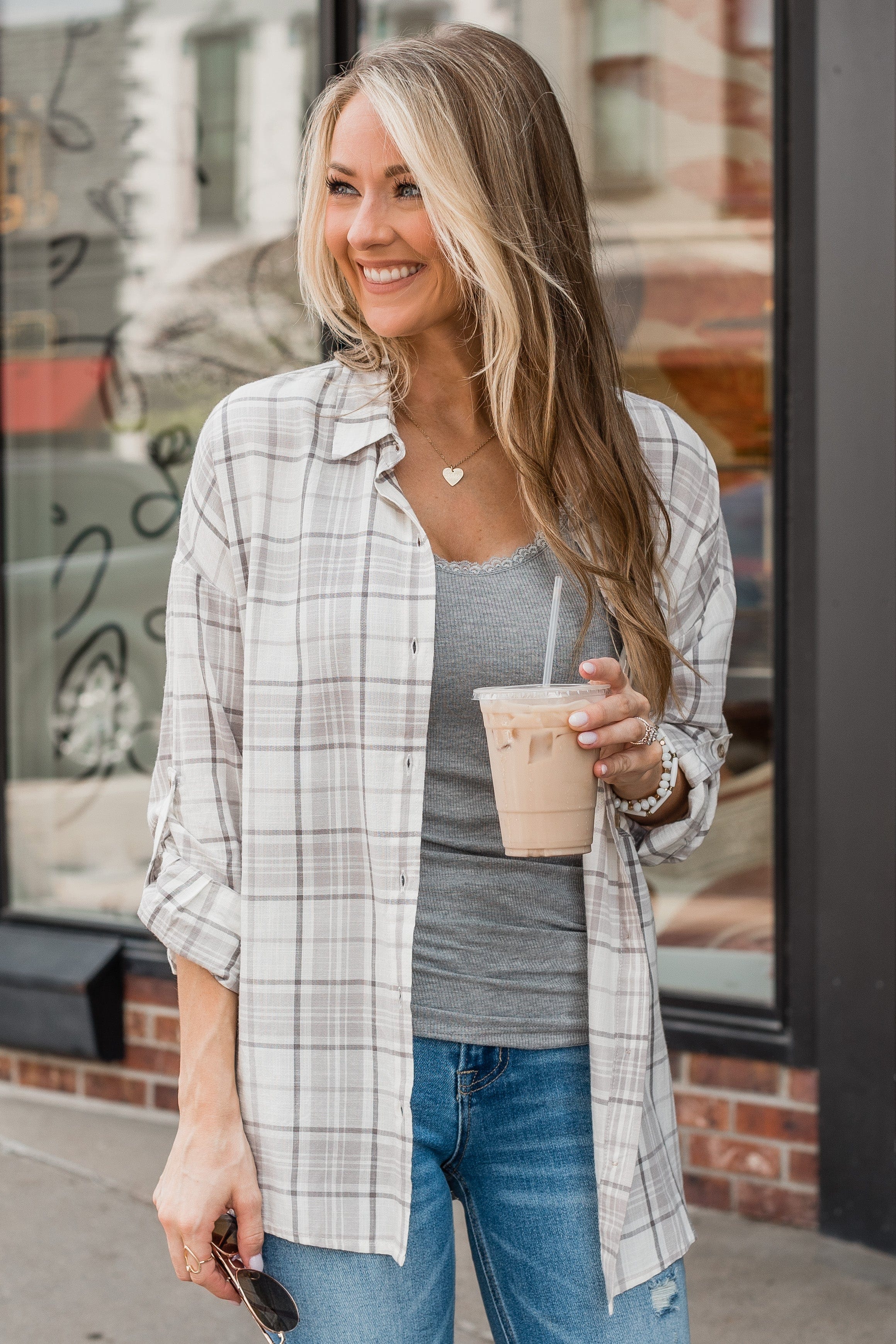 On My Way Button Plaid Top- Beige & Ivory - Image 4