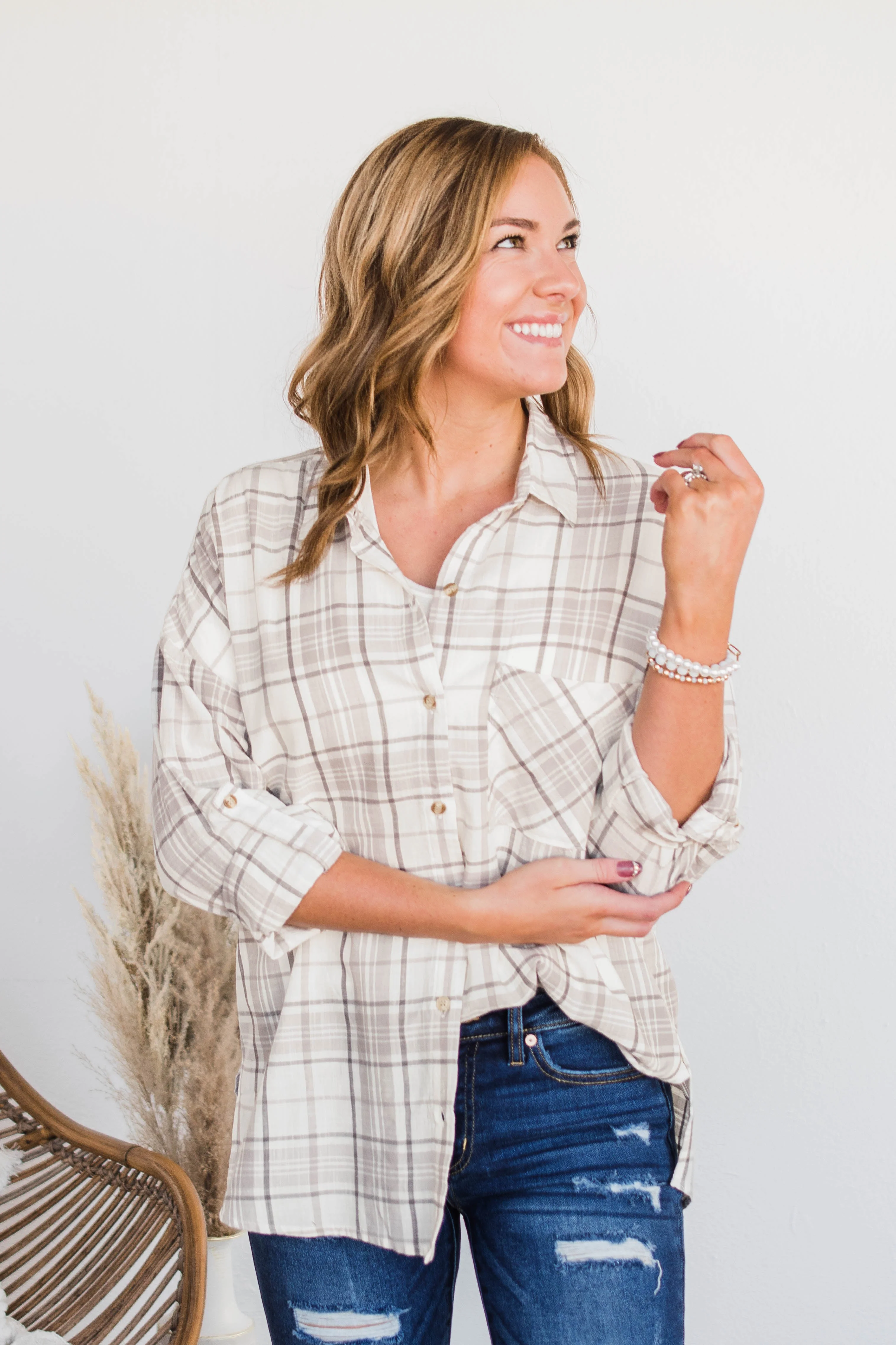On My Way Button Plaid Top- Beige & Ivory - Image 5