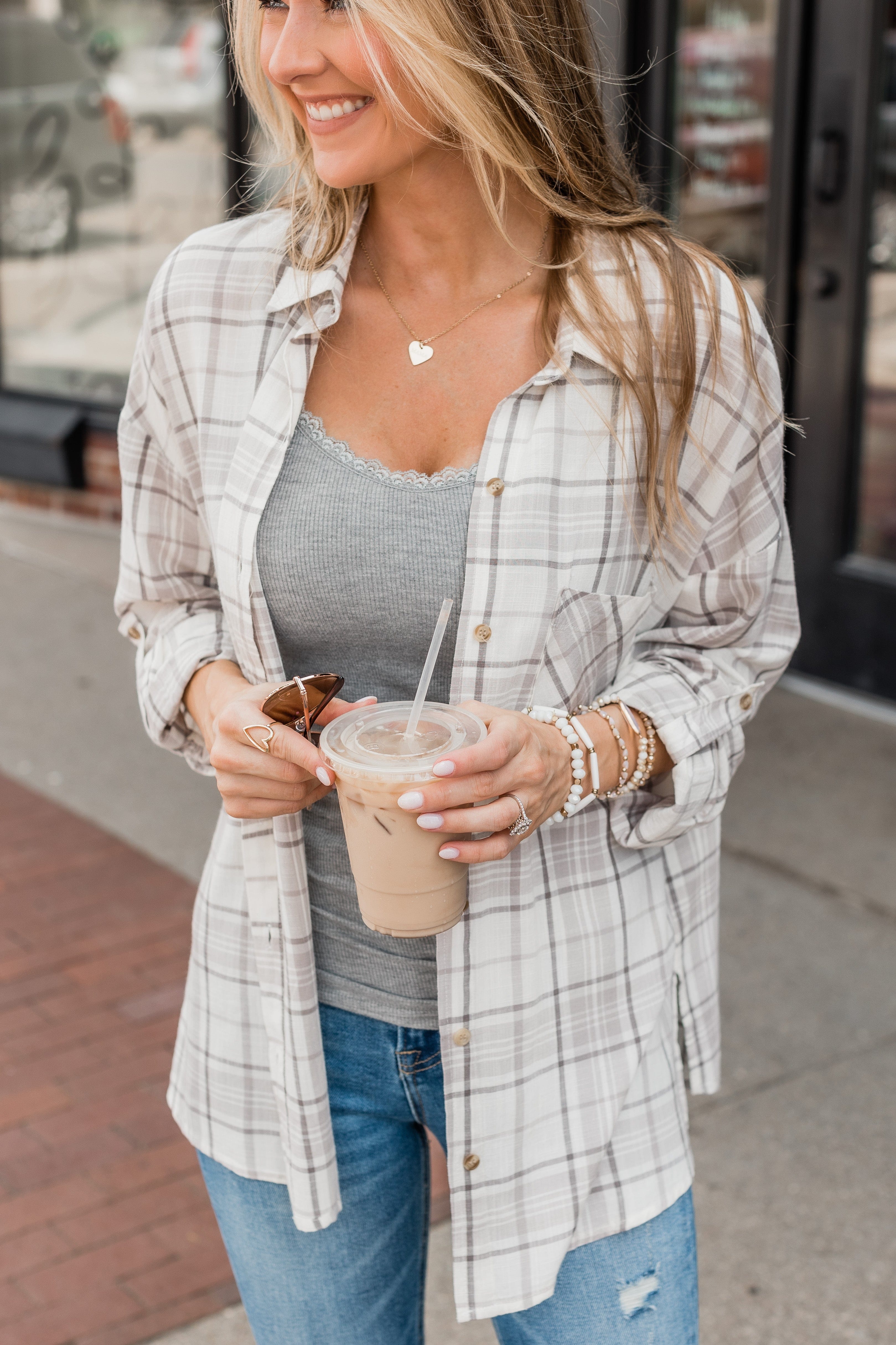 On My Way Button Plaid Top- Beige & Ivory - Image 6