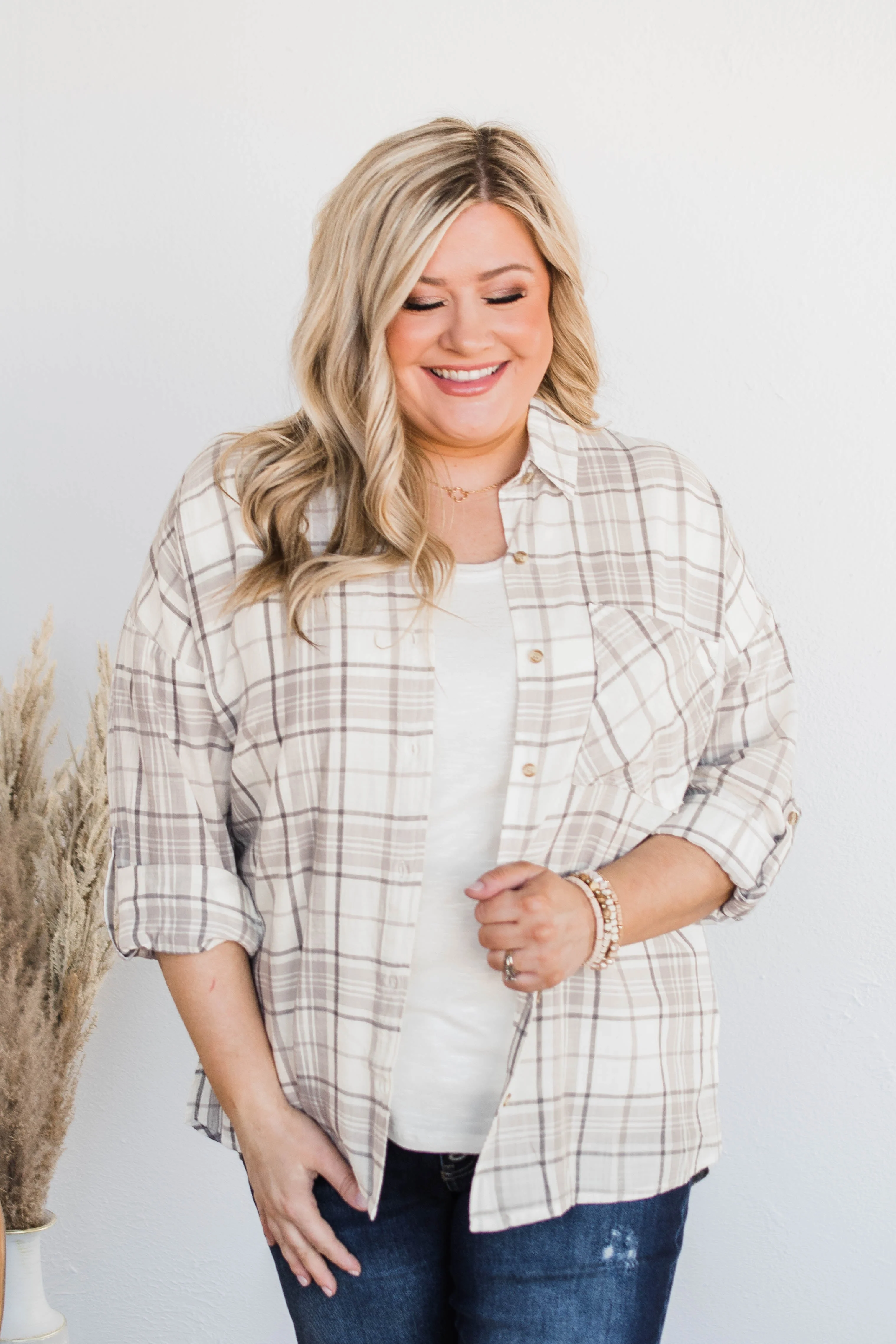 On My Way Button Plaid Top- Beige & Ivory - Image 8