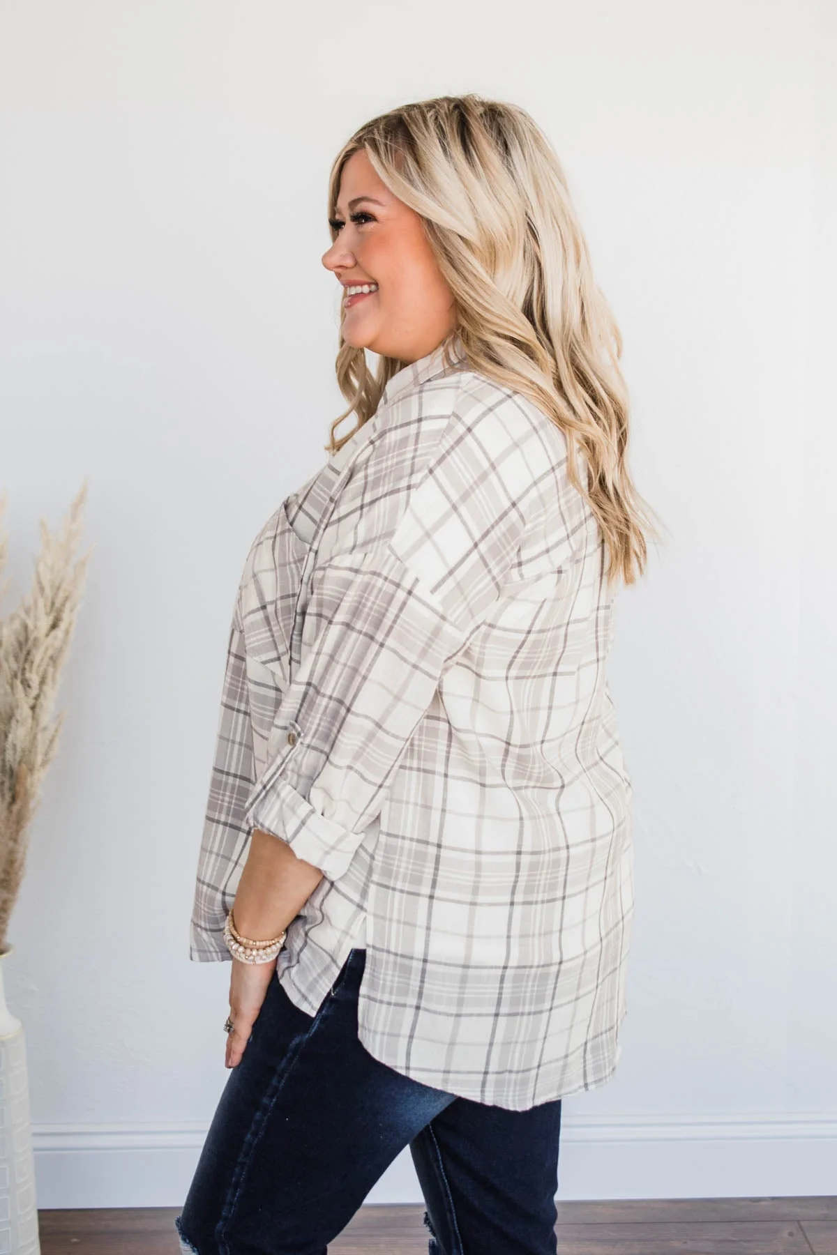 On My Way Button Plaid Top- Beige & Ivory - Image 9