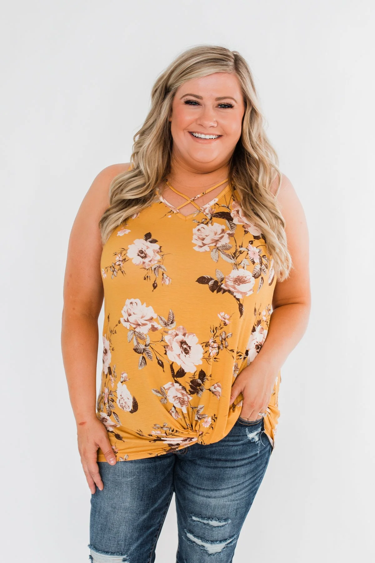 On Repeat Floral Criss Cross Tank Top- Mustard