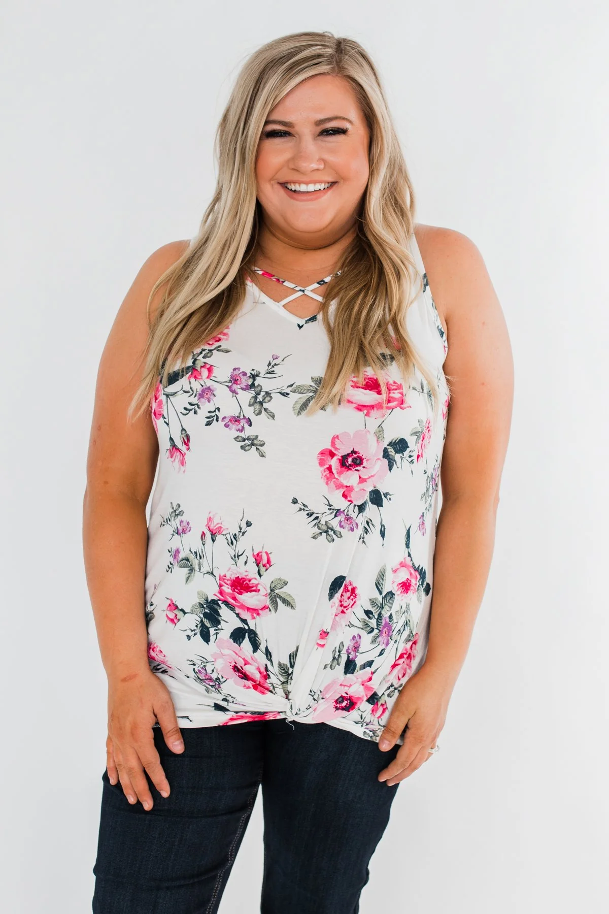 On Repeat Floral Criss Cross Tank Top- White - Image 3