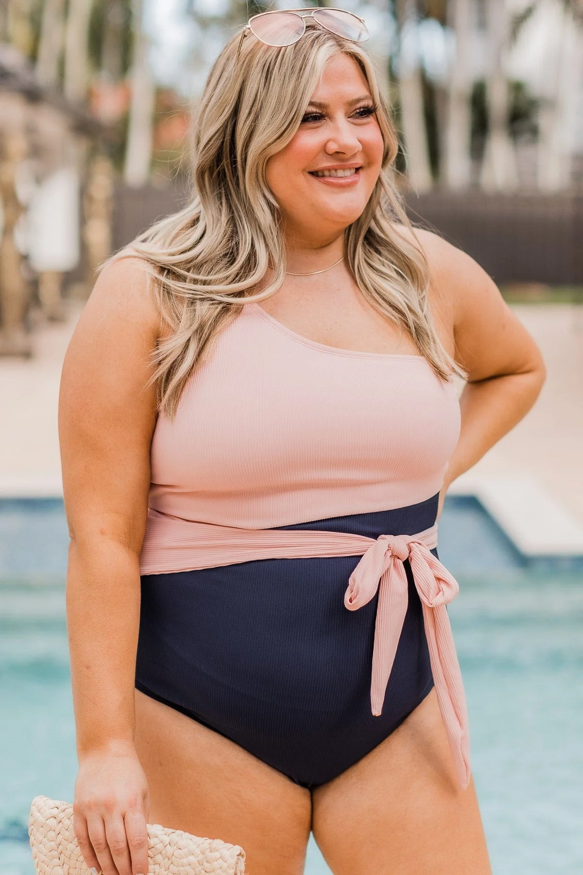 On The Coast One Shoulder Swimsuit- Pink & Navy - Image 2