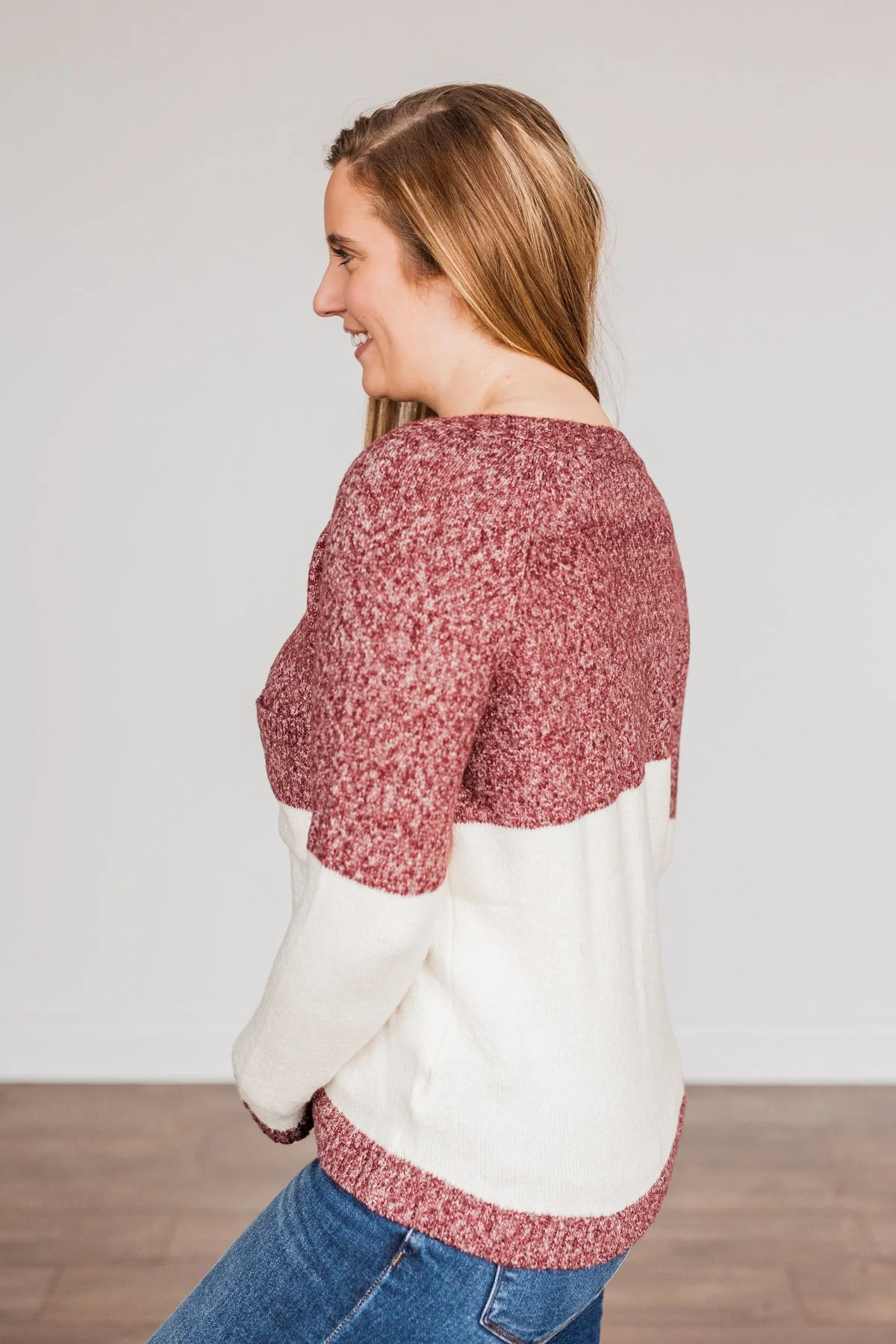 On The Daily Pocket Sweater- Burgundy & Oatmeal - Image 10