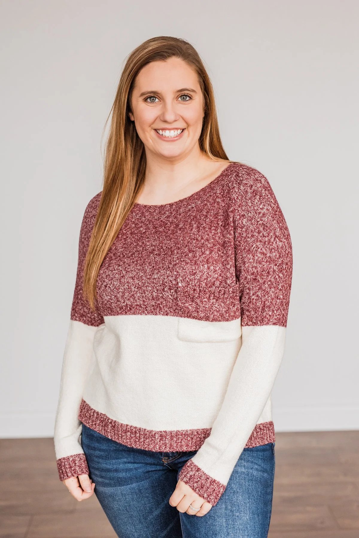On The Daily Pocket Sweater- Burgundy & Oatmeal - Image 13