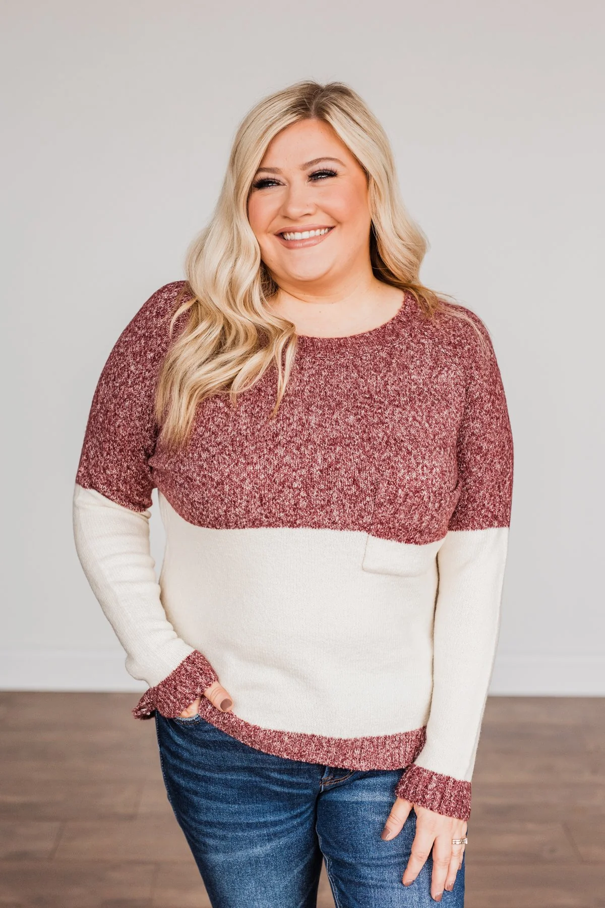On The Daily Pocket Sweater- Burgundy & Oatmeal - Image 5