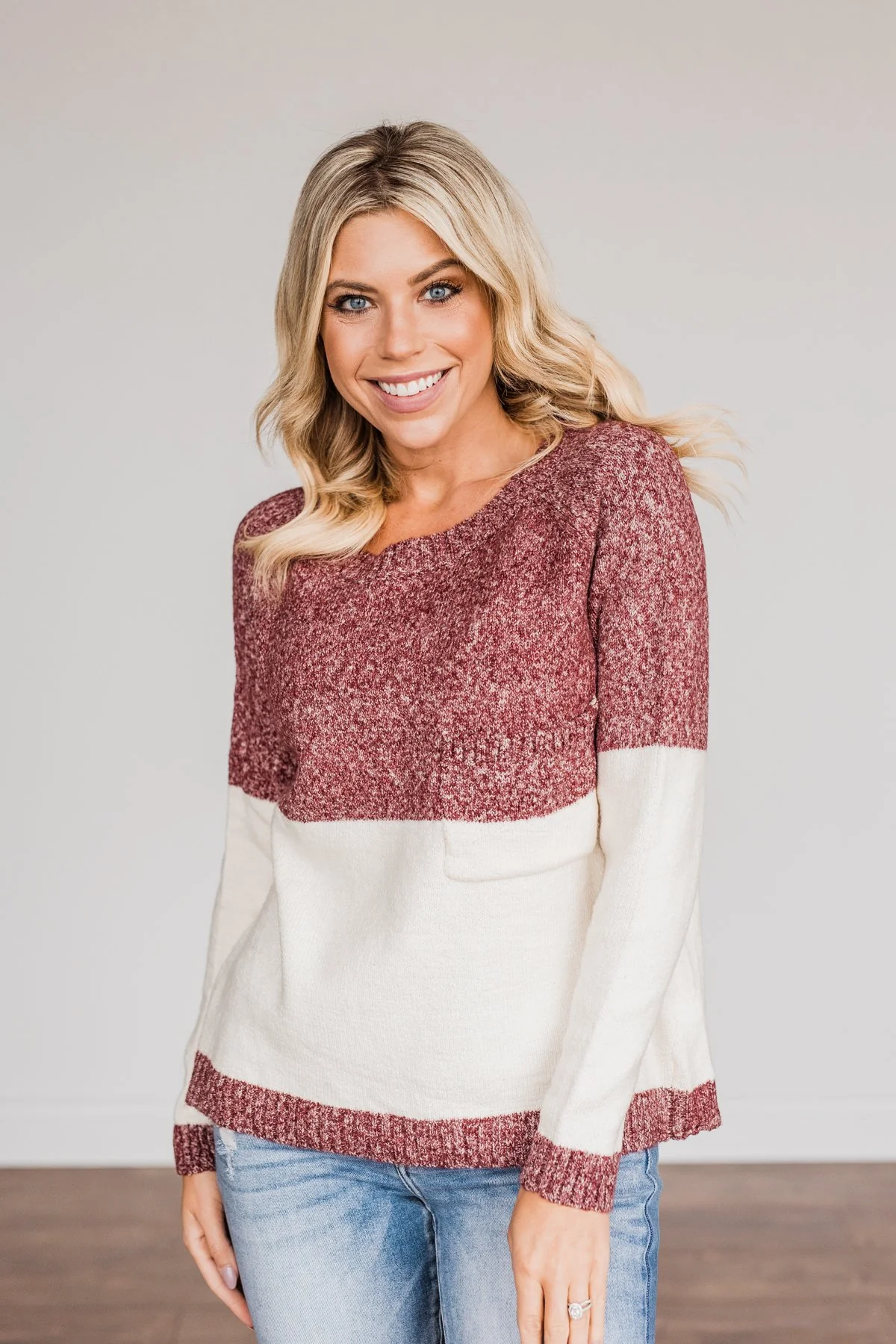 On The Daily Pocket Sweater- Burgundy & Oatmeal - Image 6