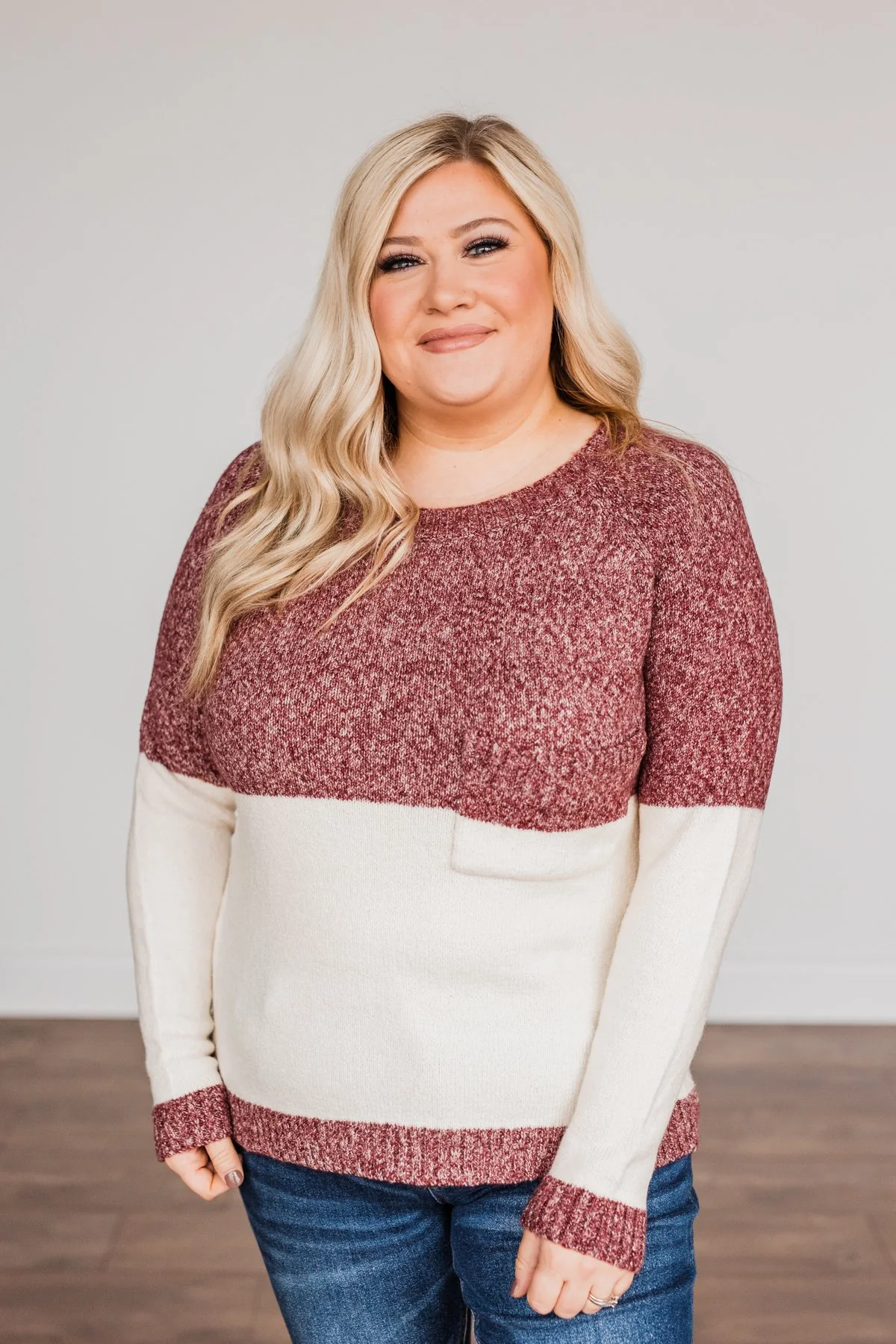 On The Daily Pocket Sweater- Burgundy & Oatmeal - Image 8