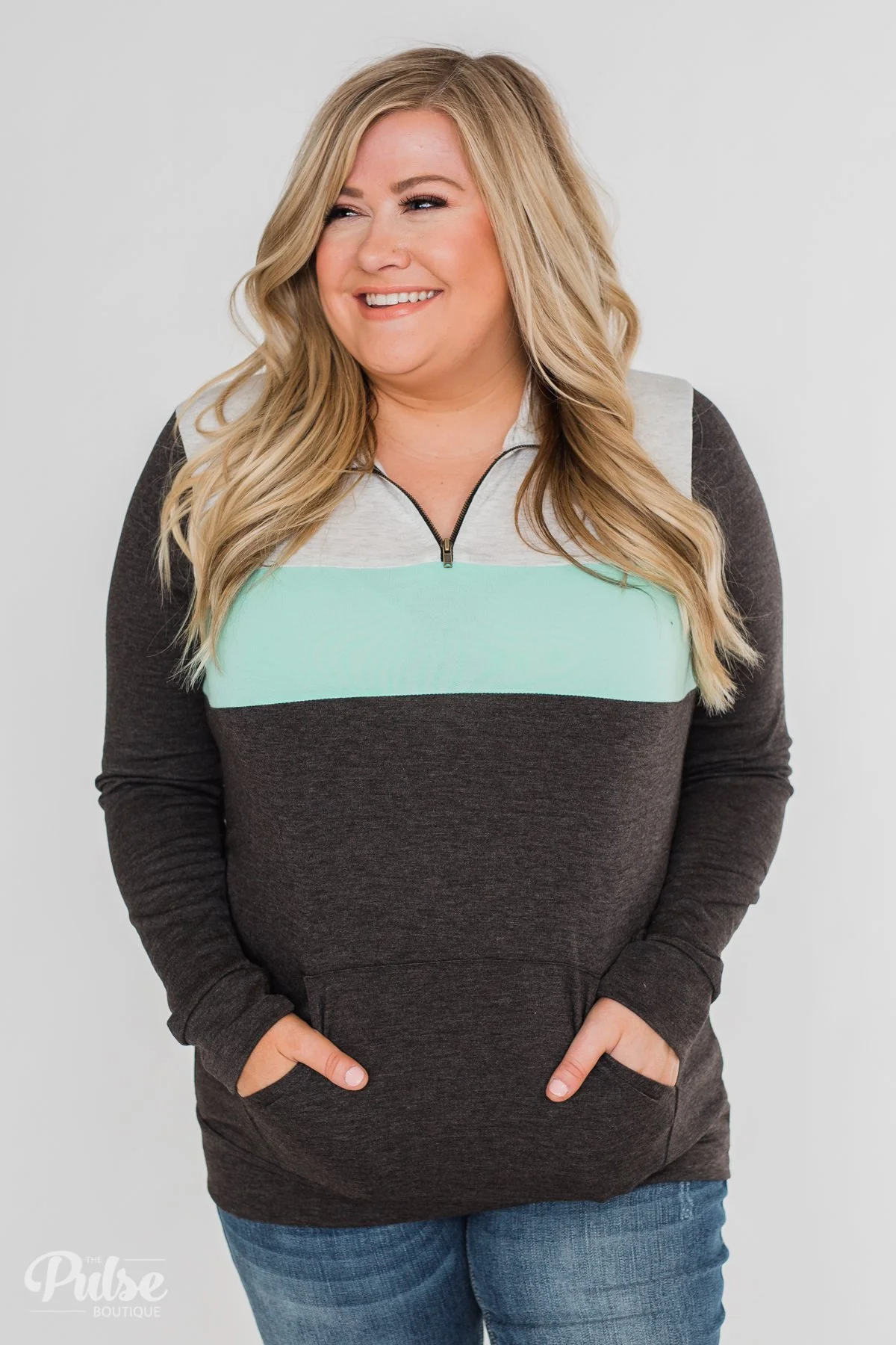 On the Go Quarter Zip Pullover- Mint & Charcoal - Image 10