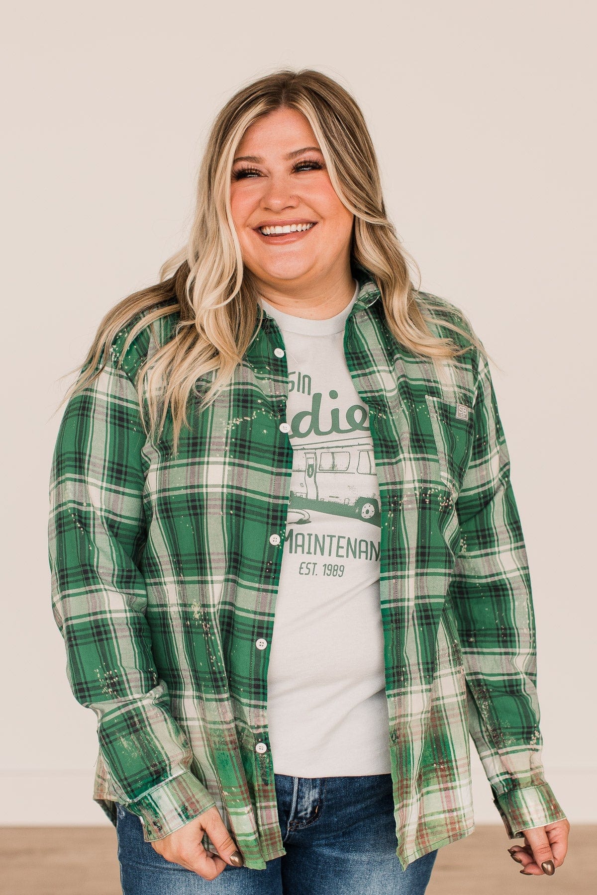 On The Lookout Bleached Plaid Top- Green - Image 3