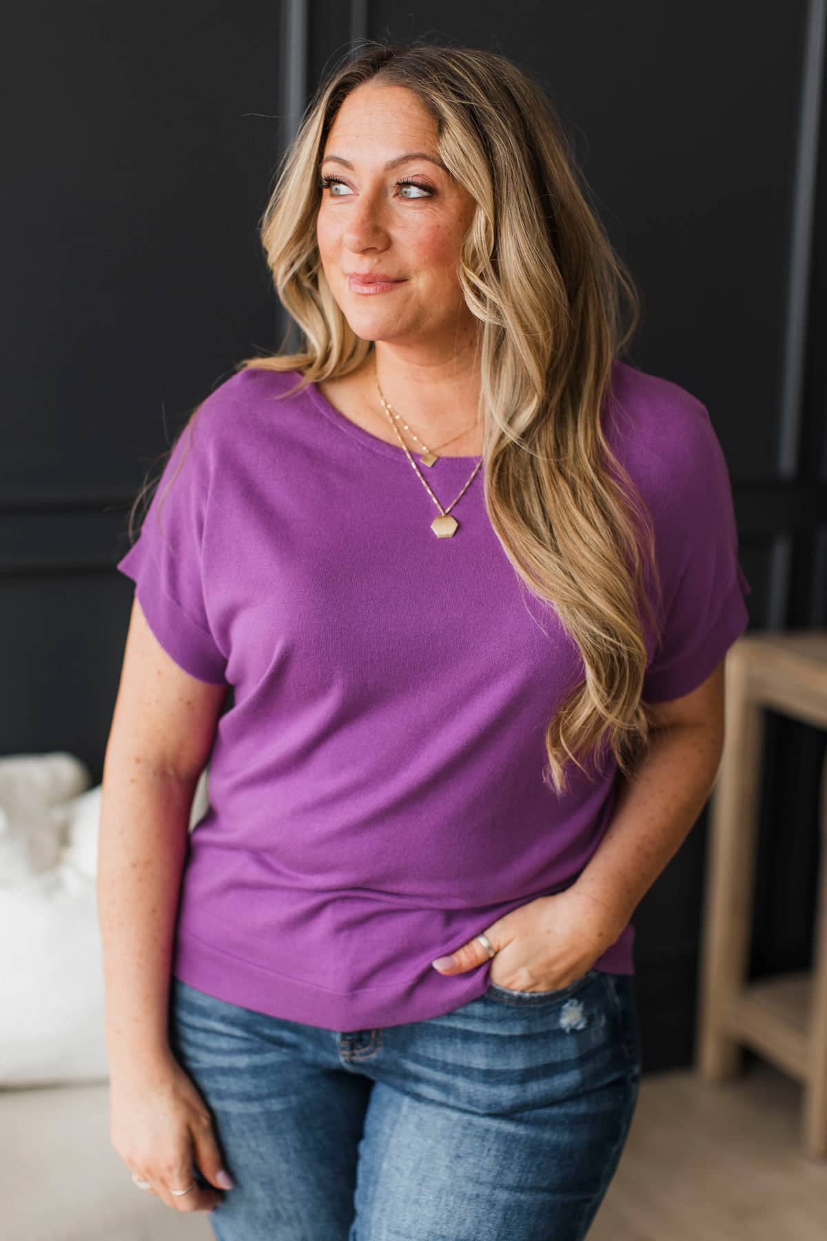 On The Mark Short Sleeve Knit Top- Dark Orchid