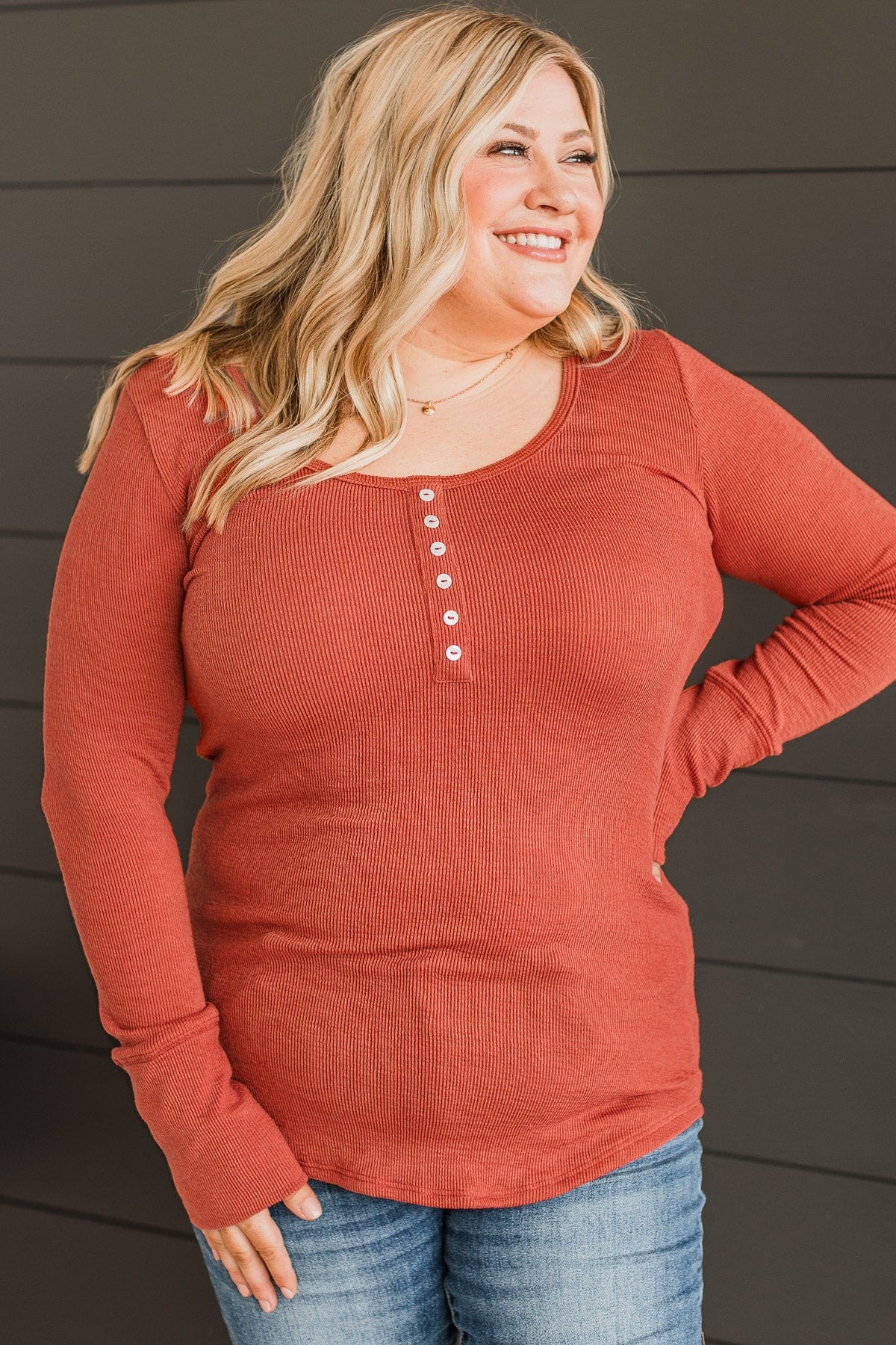 On The Upside Ribbed Knit Top- Brick - Image 3