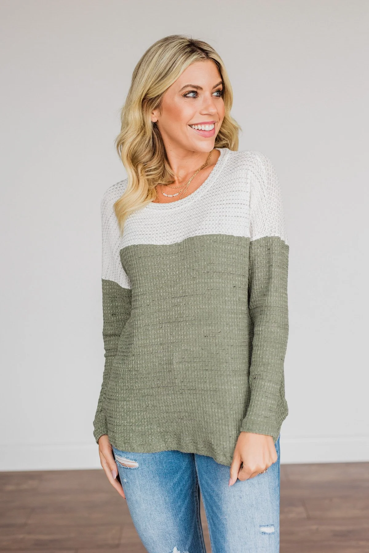 On To Better Things Knit Long Sleeve Top- Olive & Ivory - Image 4