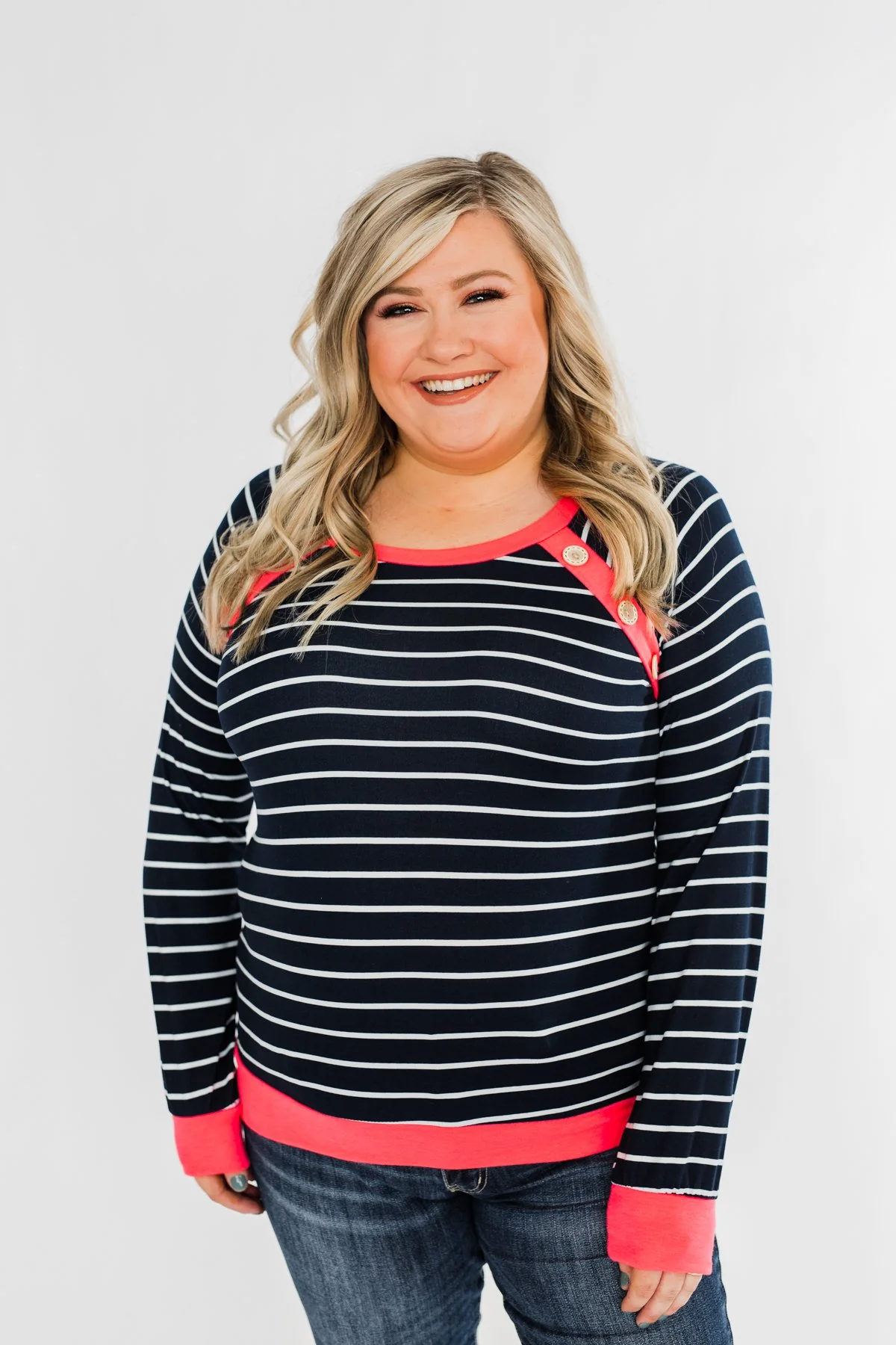 On Top Of The World Striped Top- Navy & Neon Pink - Image 4