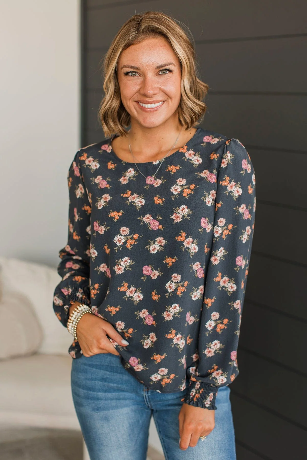 On Your Radar Floral Top- Charcoal