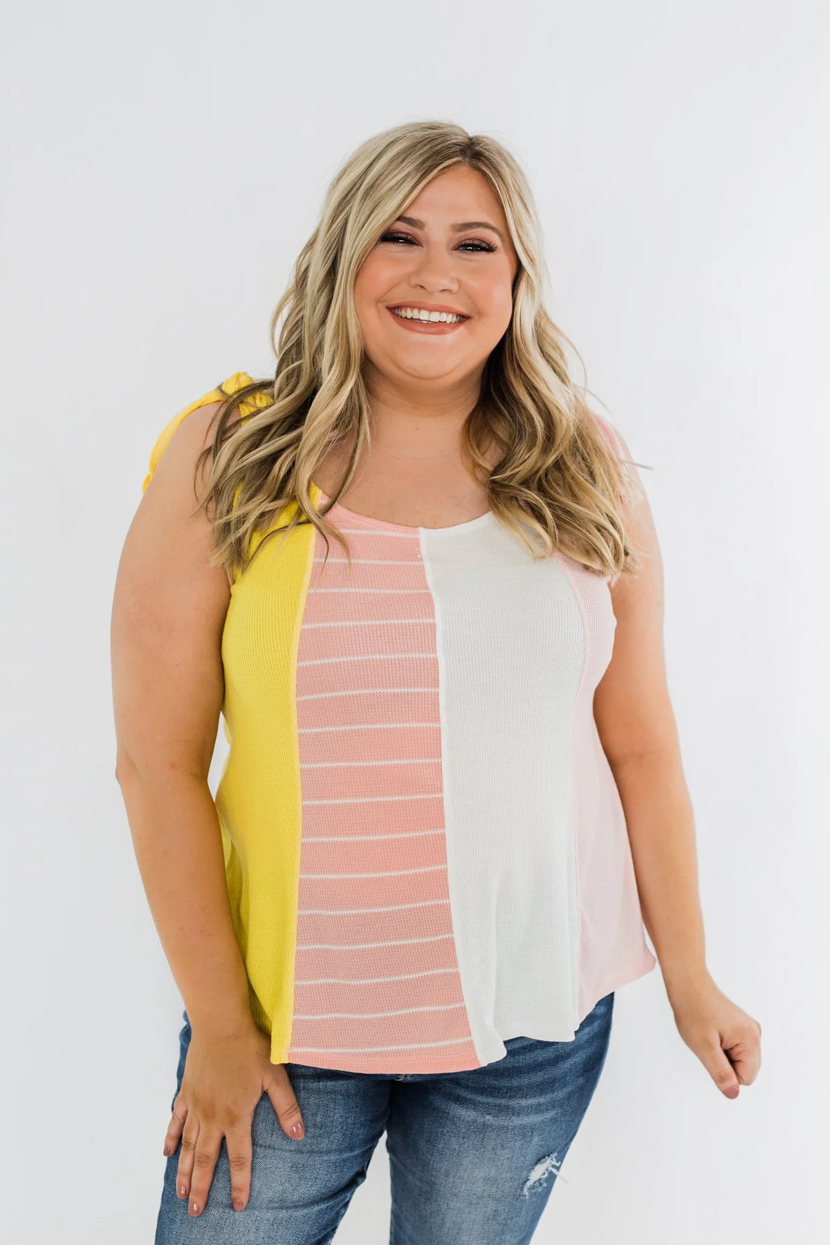 Once Again Color Block Tank Top- Pink, Off White, & Yellow - Image 3