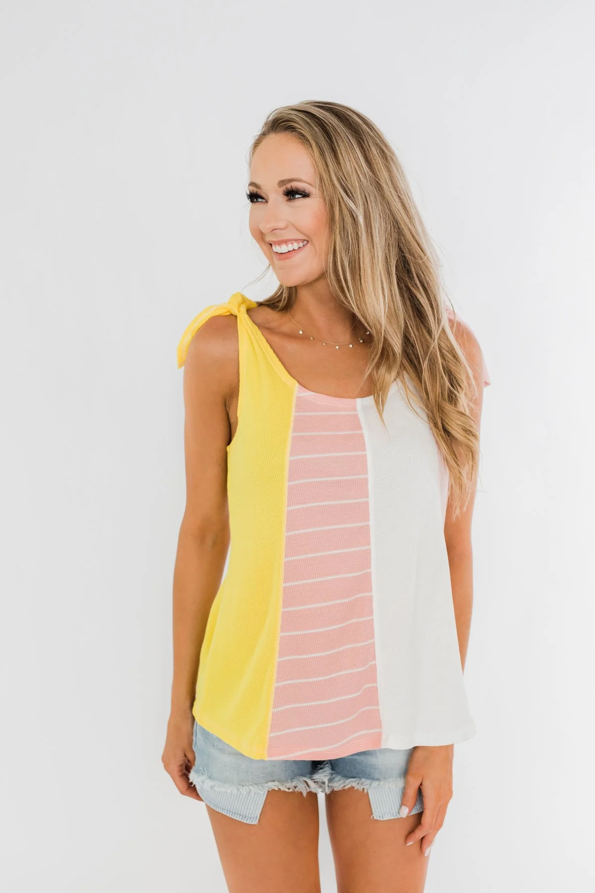 Once Again Color Block Tank Top- Pink, Off White, & Yellow - Image 6