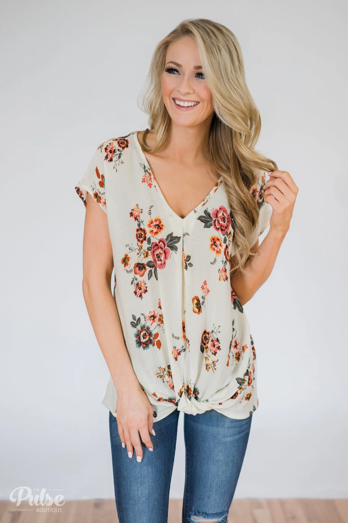 Once in a Lifetime Floral Knot Top- Cream - Image 2