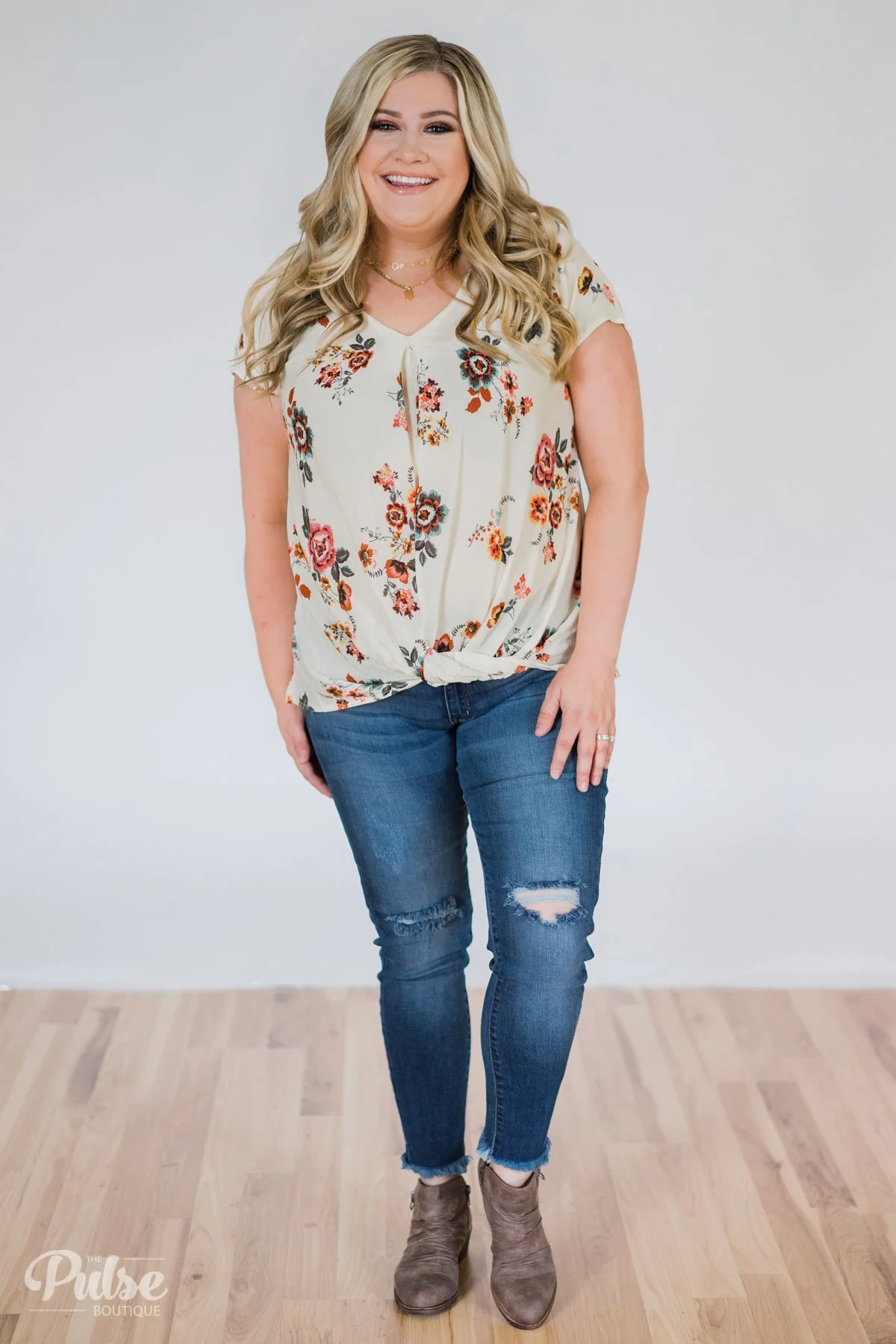 Once in a Lifetime Floral Knot Top- Cream - Image 3