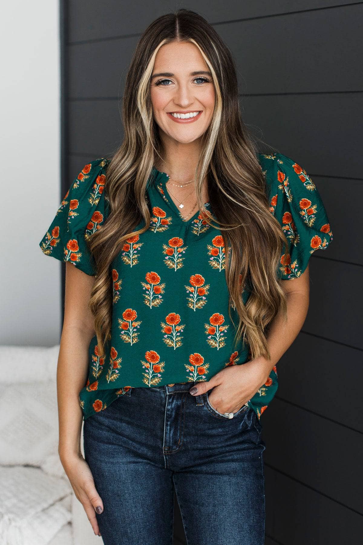 Once Upon A Daydream Floral Blouse- Dark Jade - Image 2