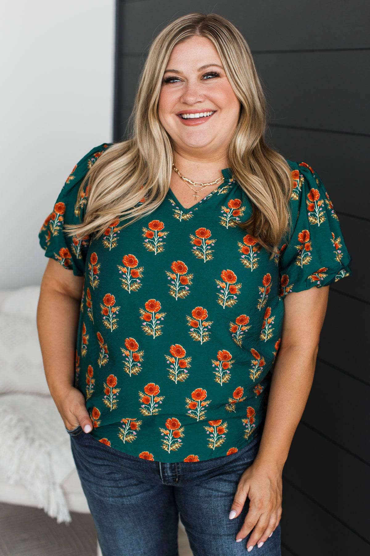 Once Upon A Daydream Floral Blouse- Dark Jade - Image 3