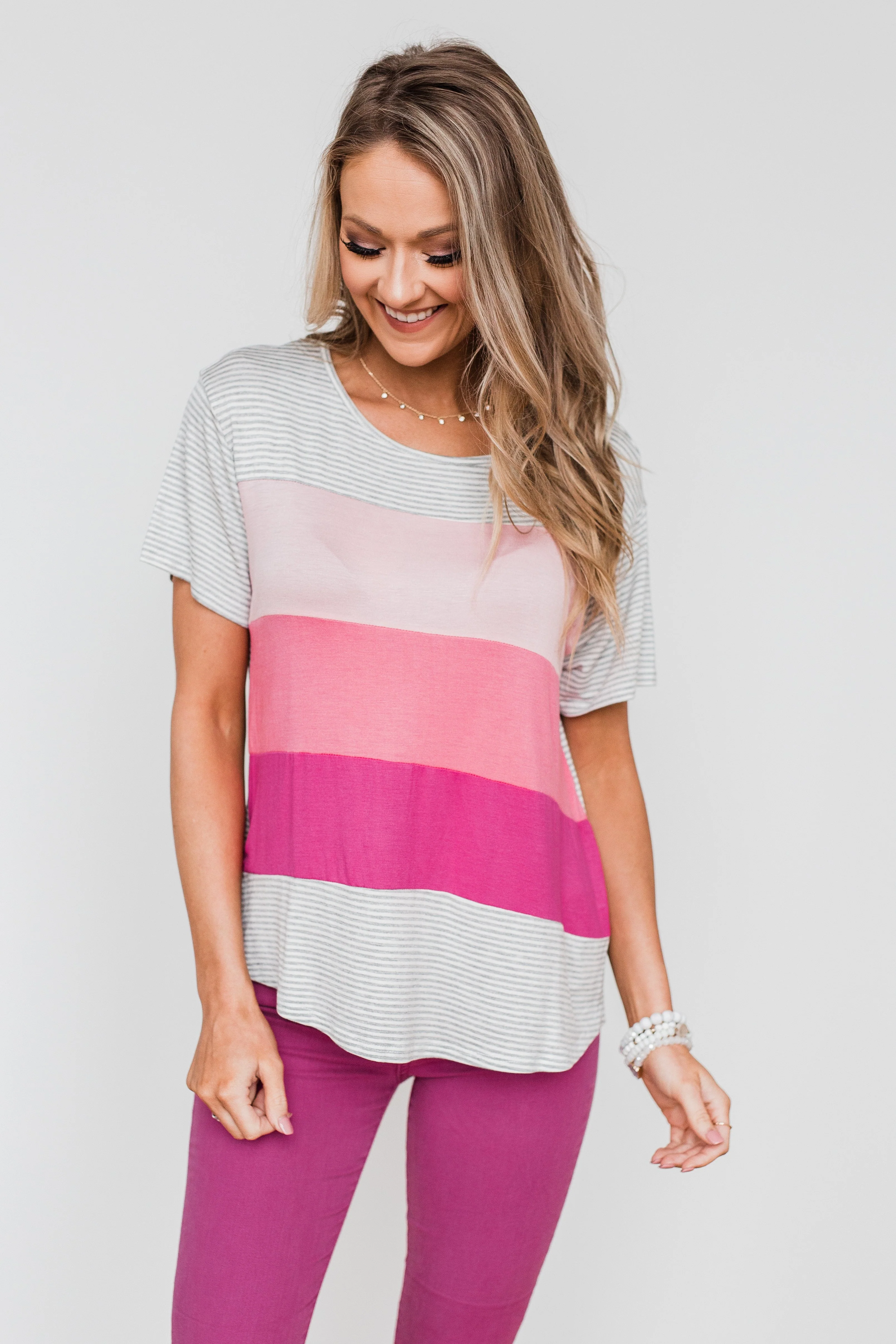 One Day At A Time Striped Color Block Top- Shades of Pink - Image 2