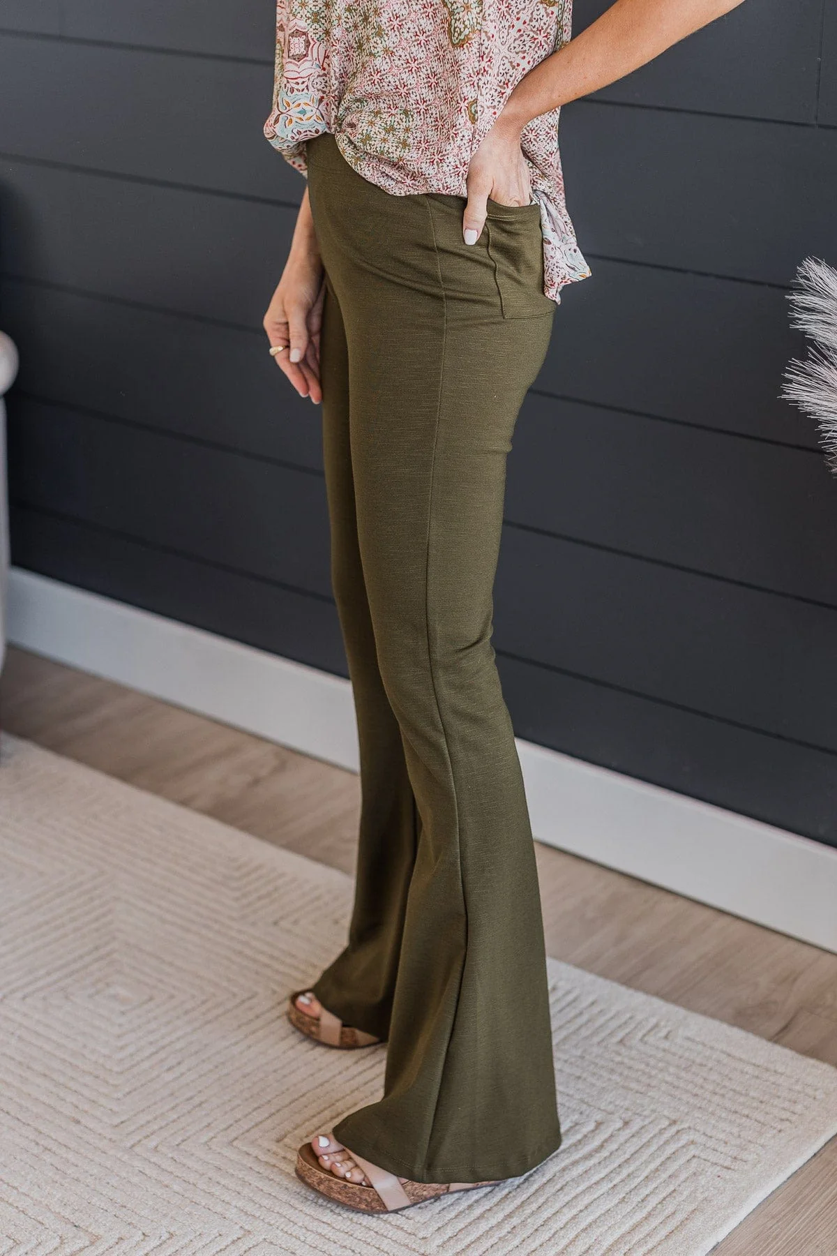 One Foot Forward Knit Flare Pants- Dark Olive - Image 5
