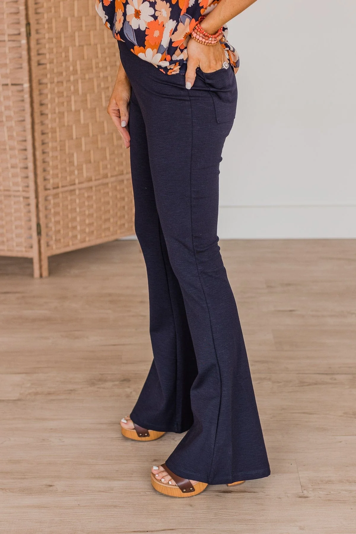 One Foot Forward Knit Flare Pants- Navy - Image 3