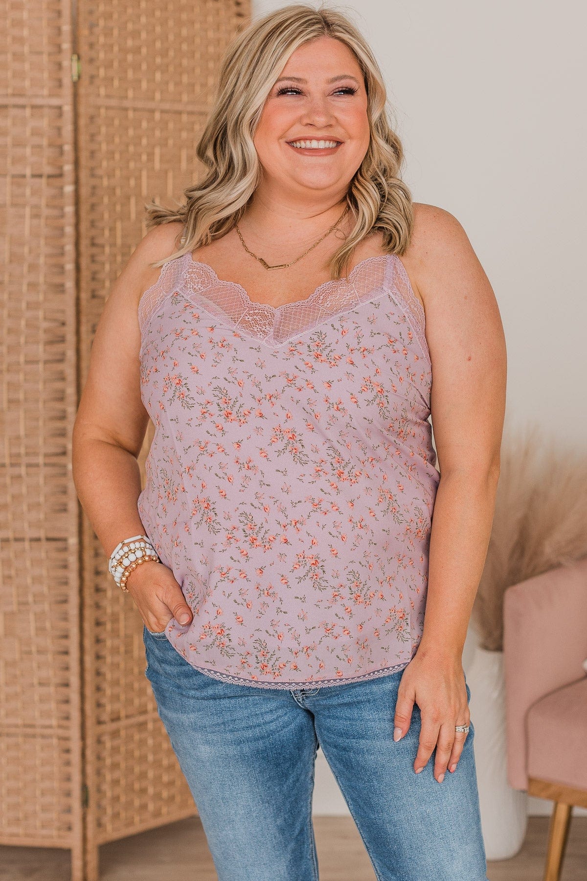 One More Chance Lace Floral Tank Top- Lavender