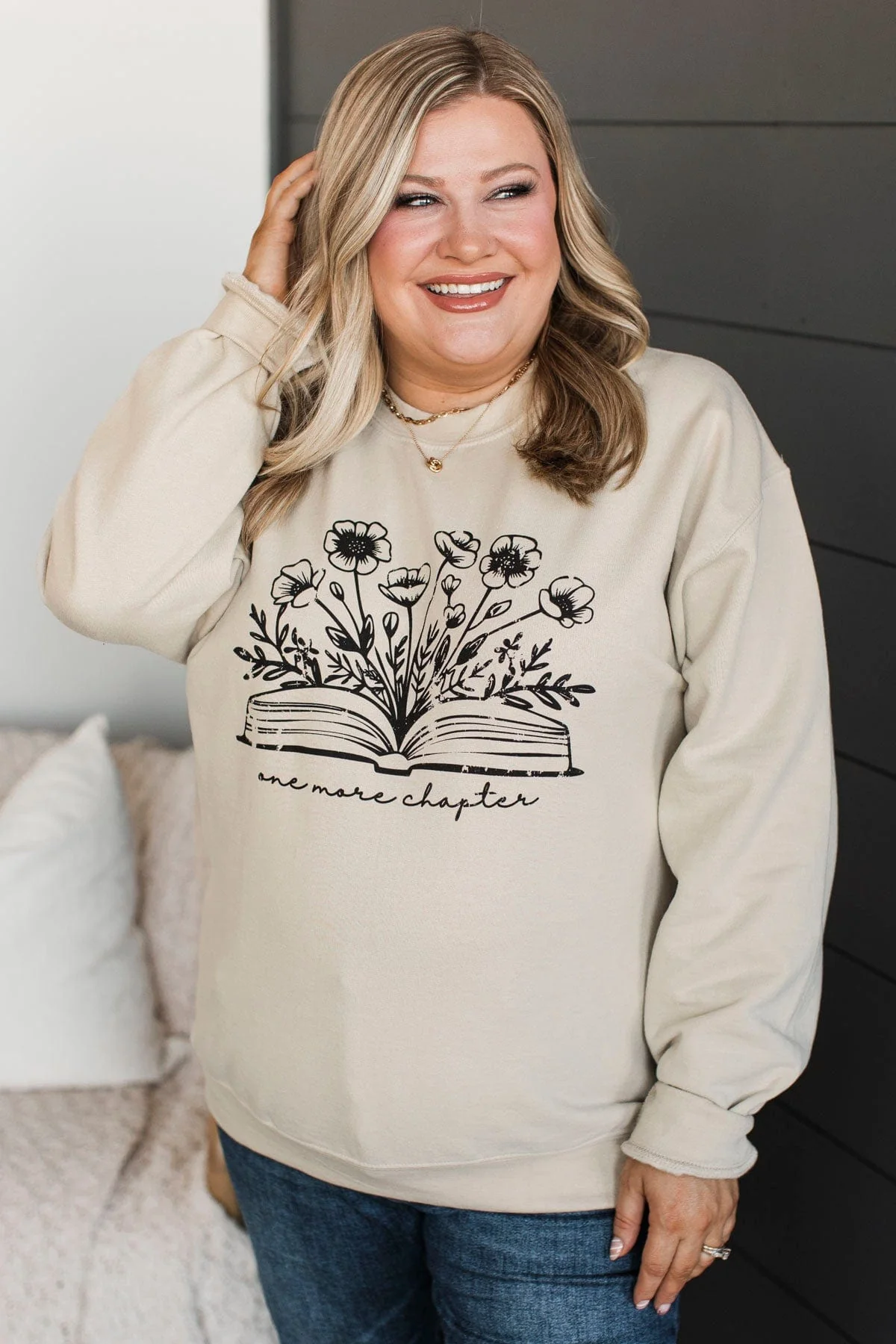 "One More Chapter" Crew Neck Pullover- Sand - Image 4