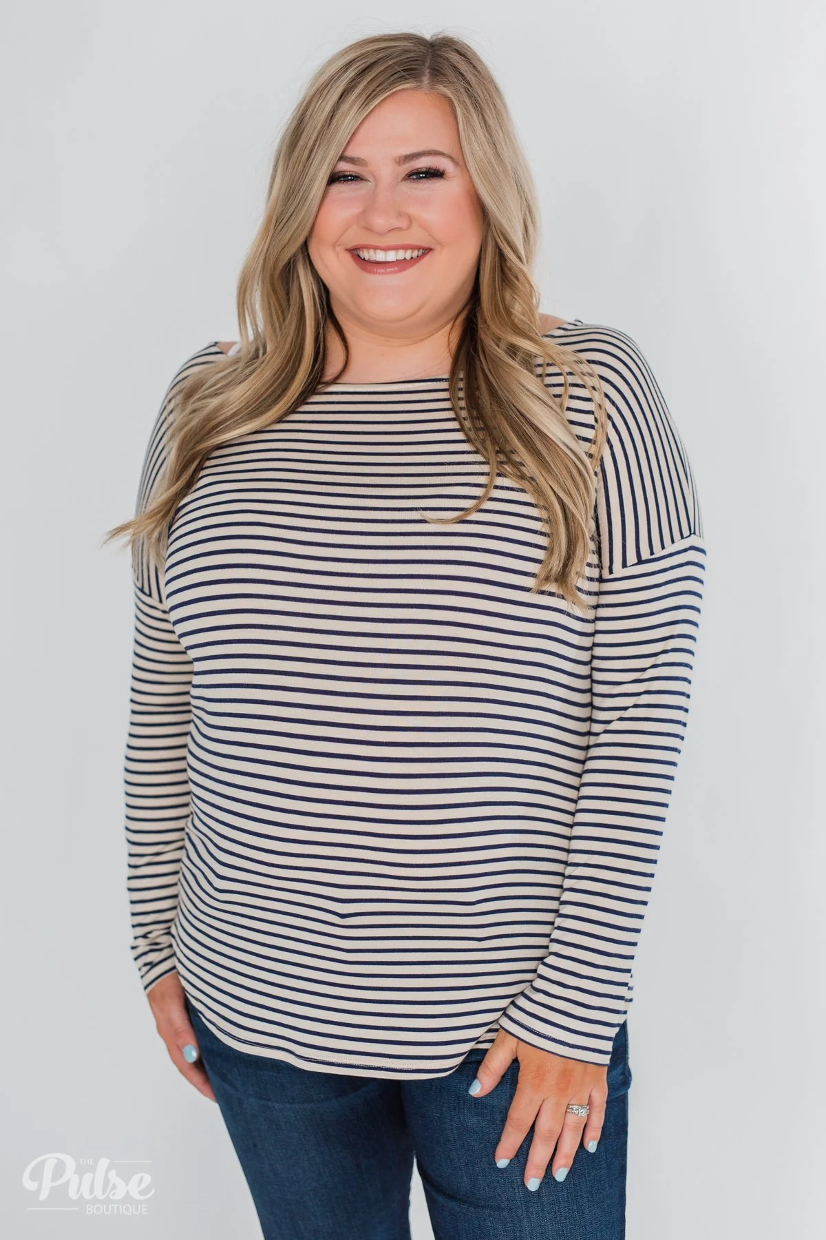 One Shoulder Dolman Striped Top- Beige & Navy - Image 2