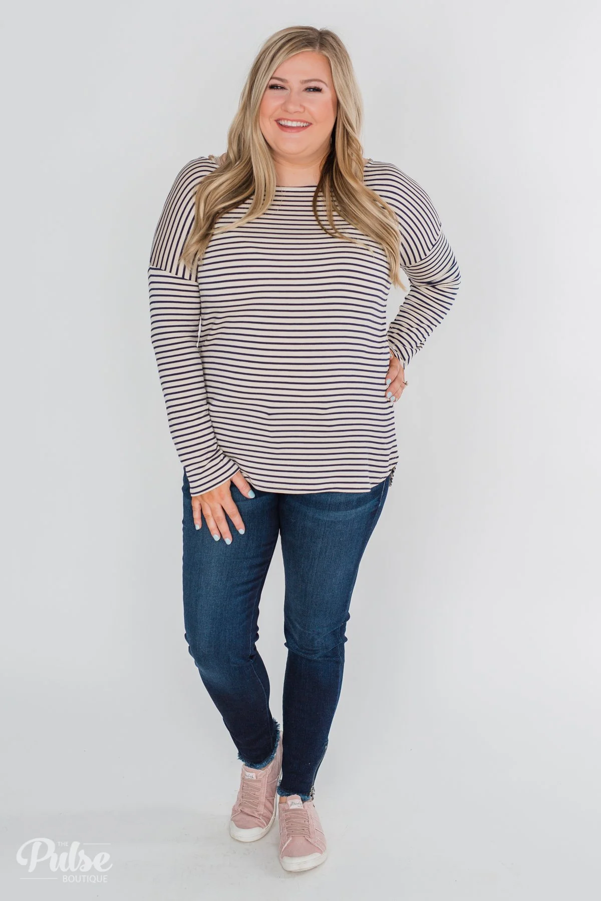 One Shoulder Dolman Striped Top- Beige & Navy - Image 4