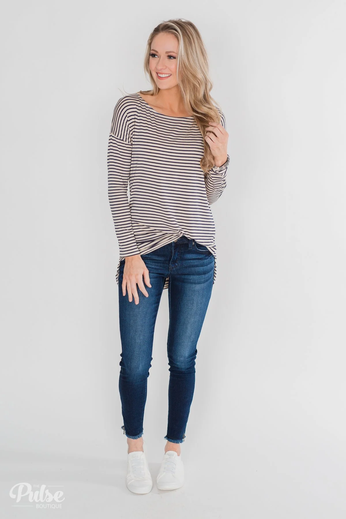 One Shoulder Dolman Striped Top- Beige & Navy - Image 6