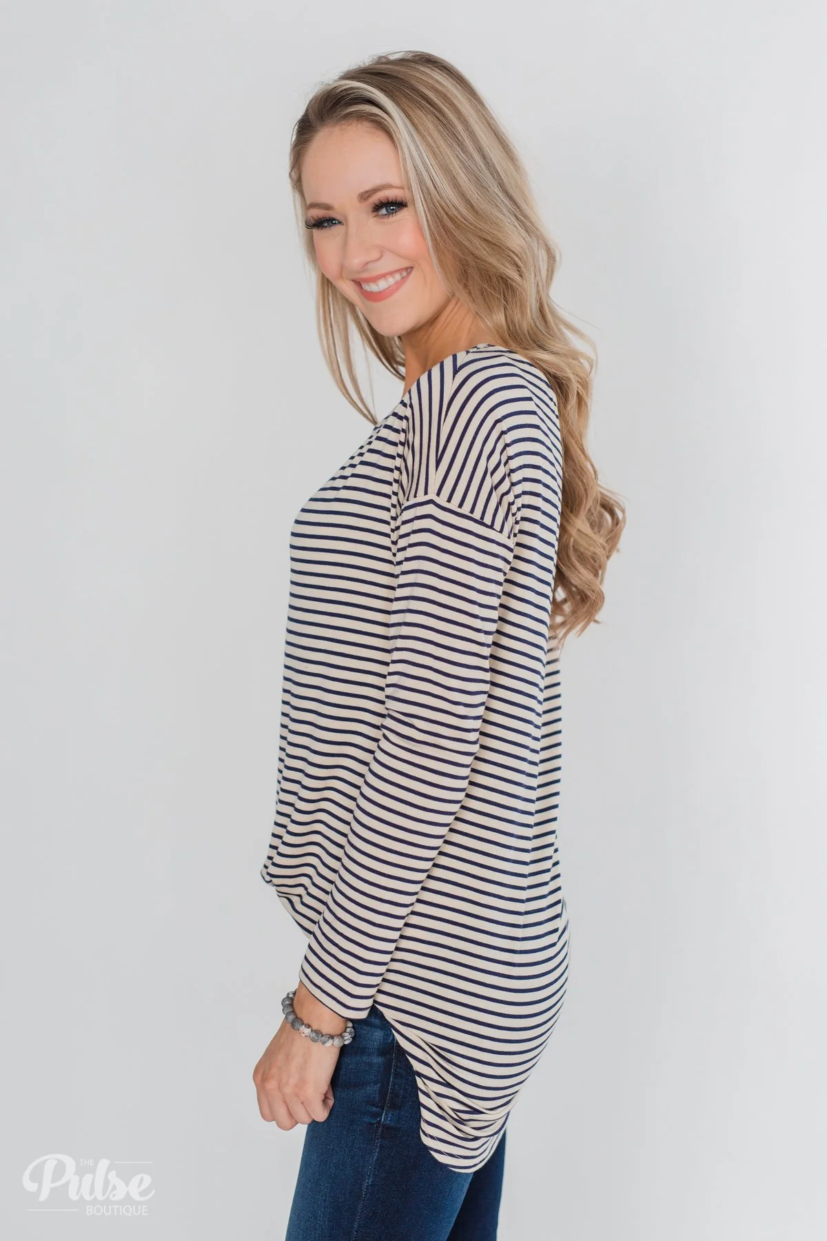 One Shoulder Dolman Striped Top- Beige & Navy - Image 9
