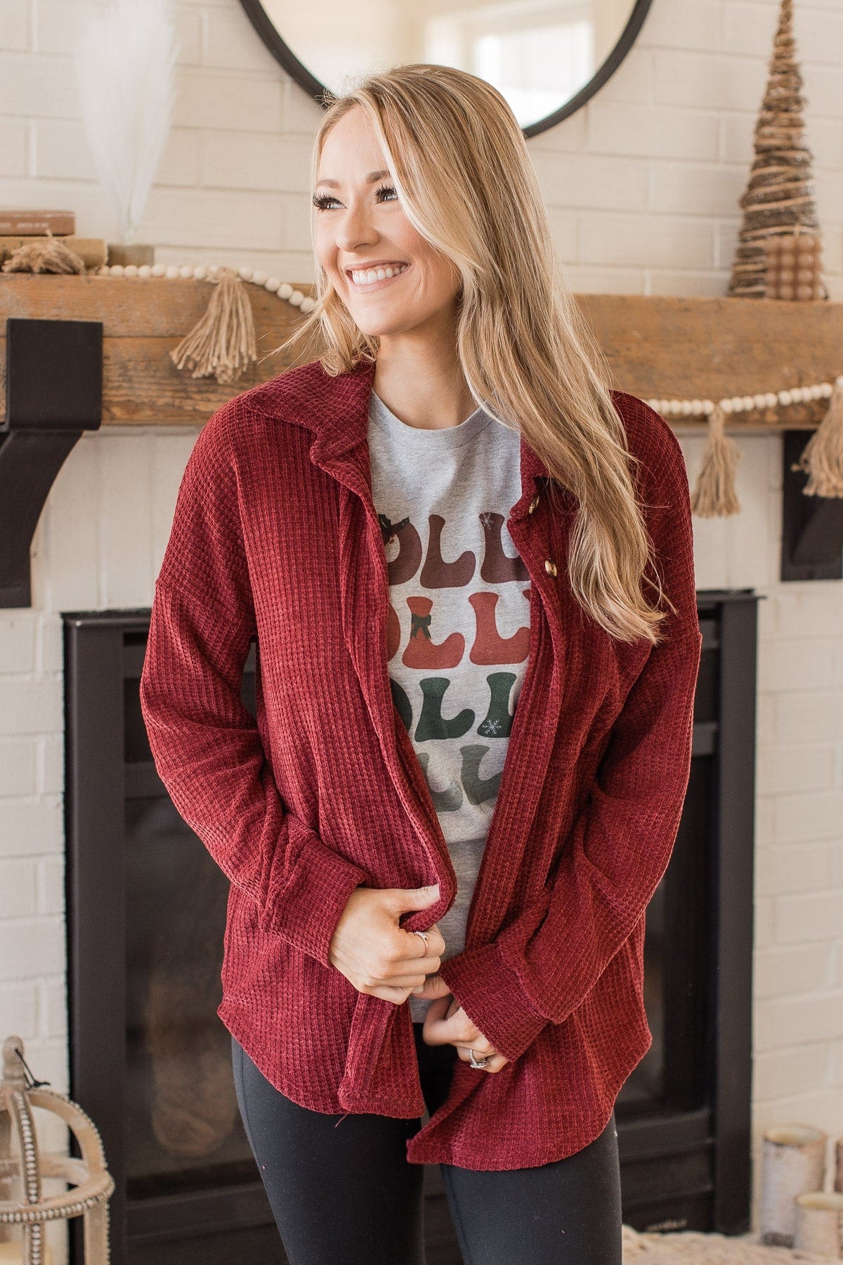 One Step Ahead Knit Button Top- Burgundy - Image 6