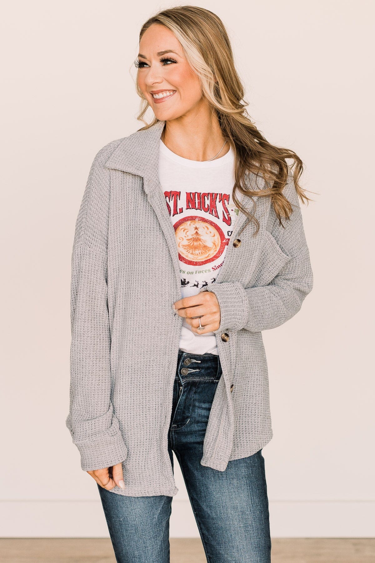 One Step Ahead Knit Button Top- Light Grey - Image 10