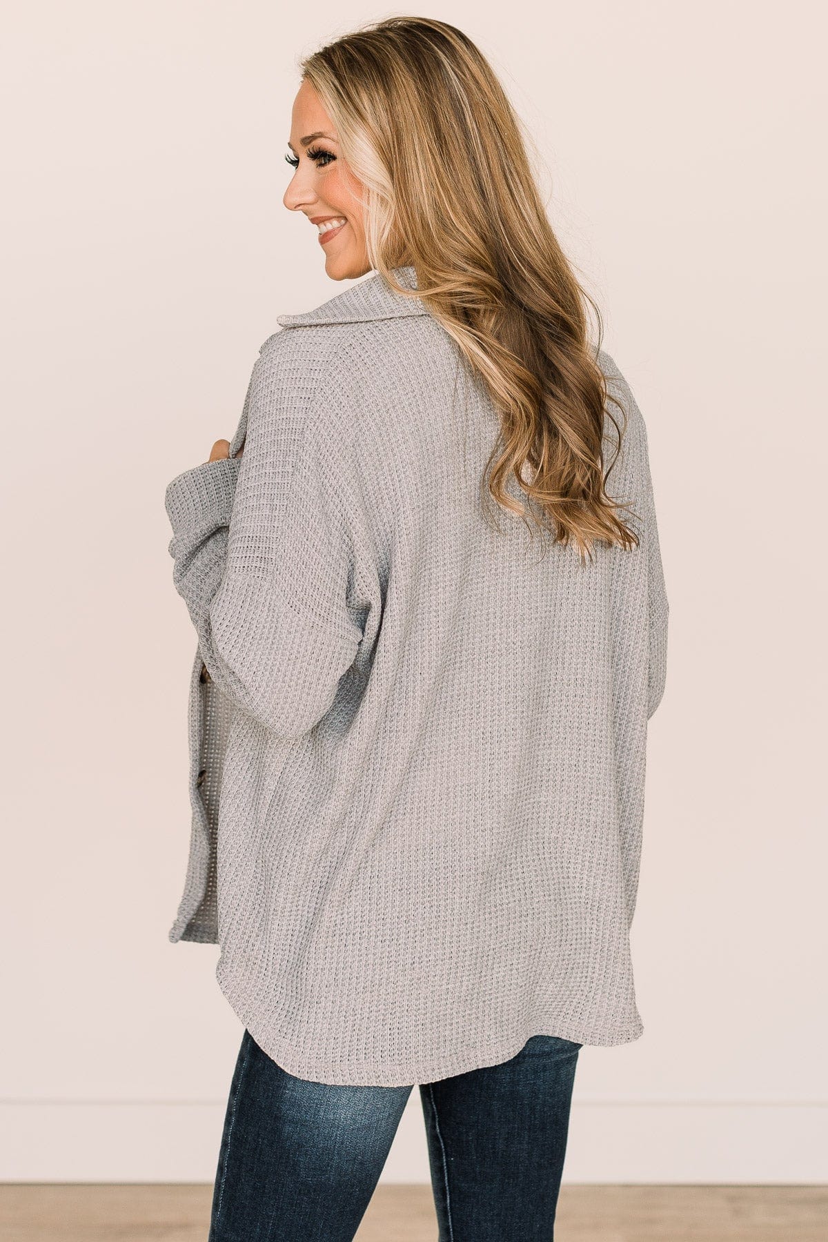 One Step Ahead Knit Button Top- Light Grey - Image 8