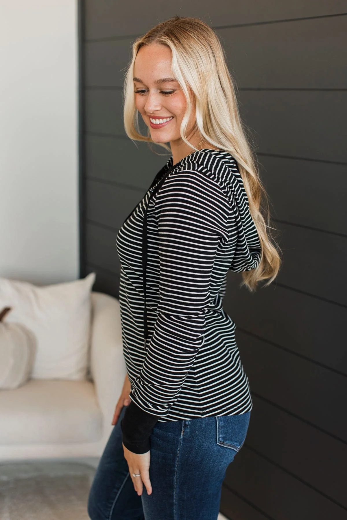 One Step Away Hooded Henley Top- Black - Image 5
